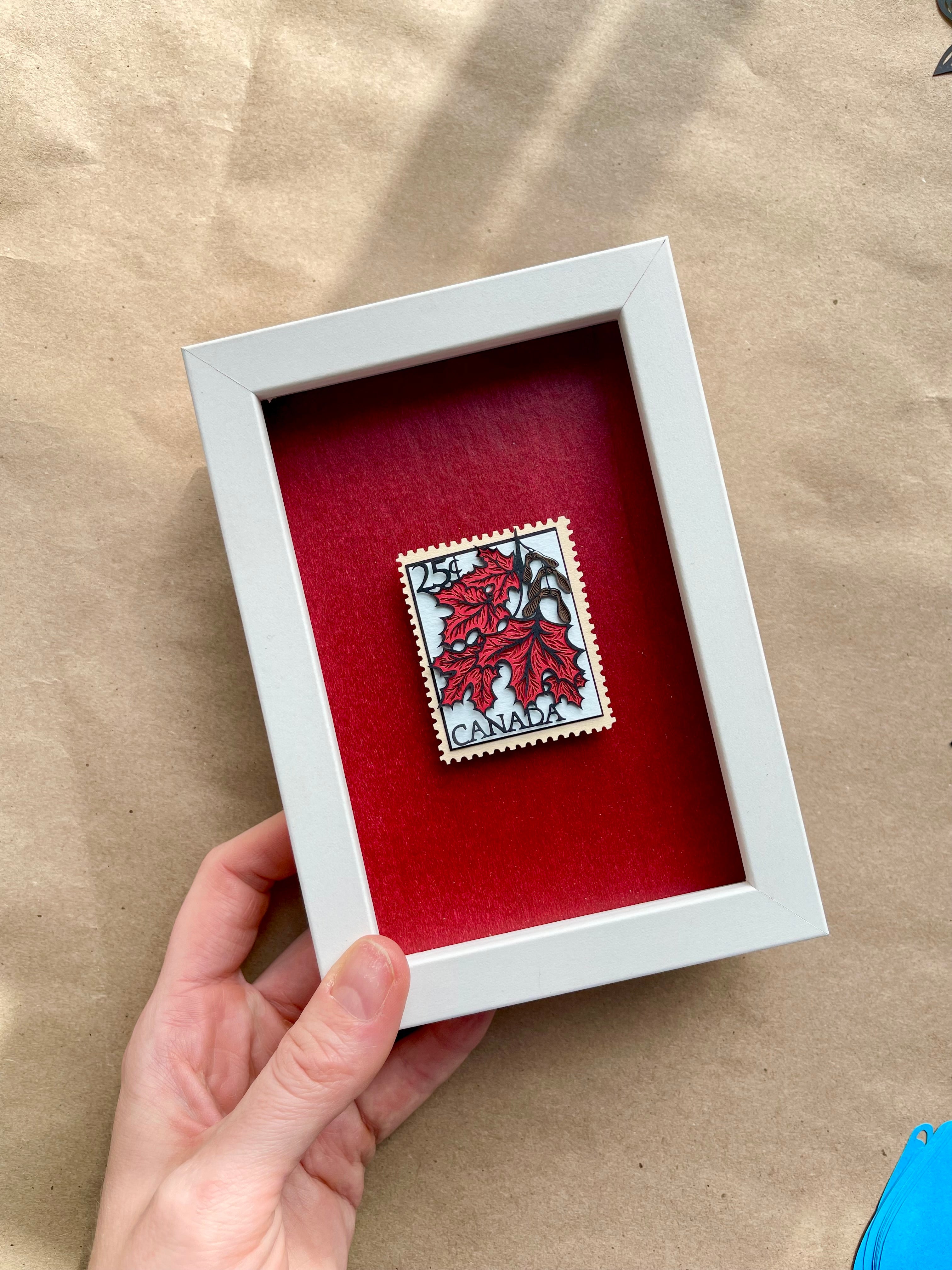 Mini Canadiana Maple Leaf Beaver Stamp Framed Papercutting