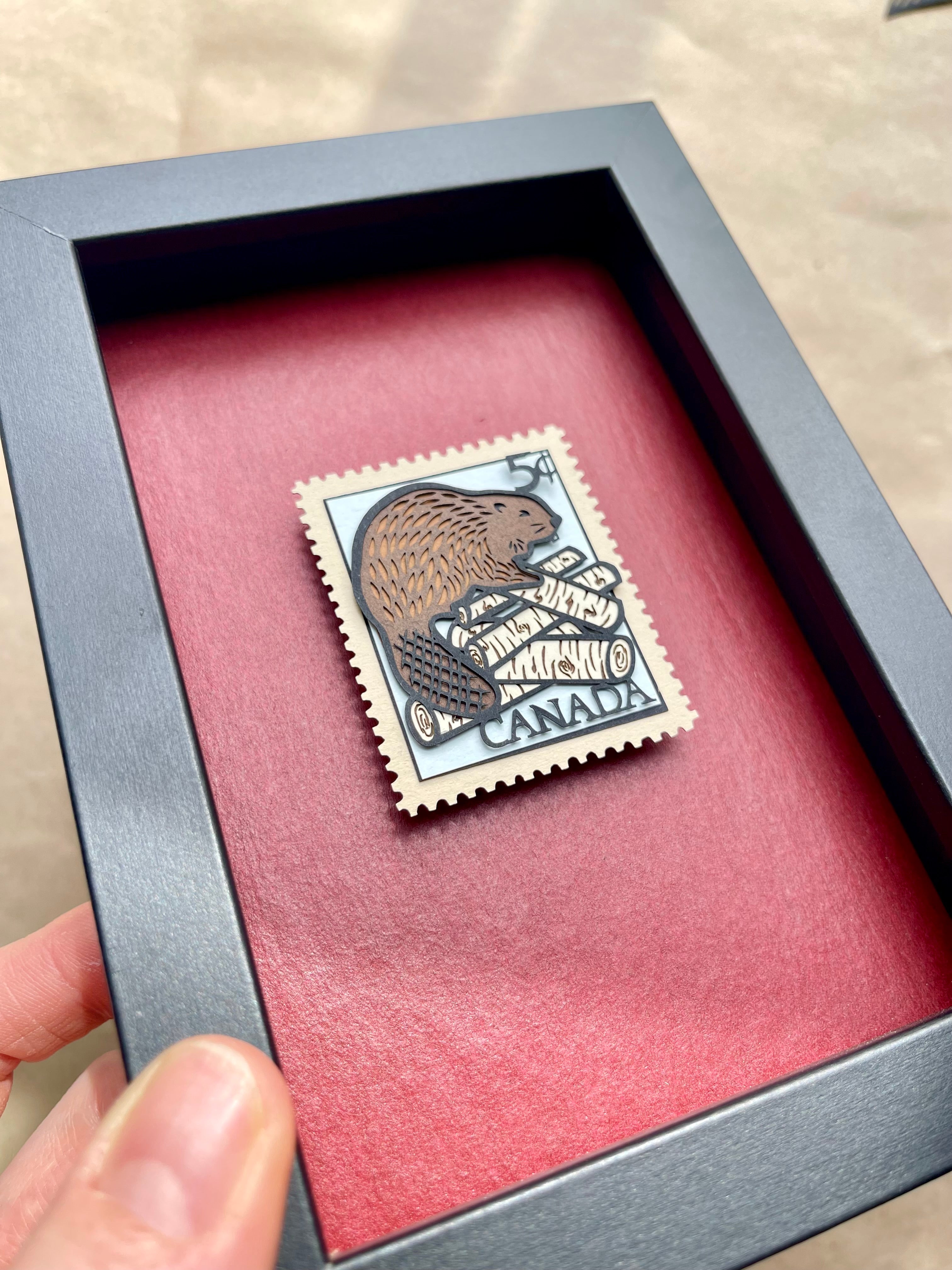 Mini Canadiana Maple Leaf Beaver Stamp Framed Papercutting