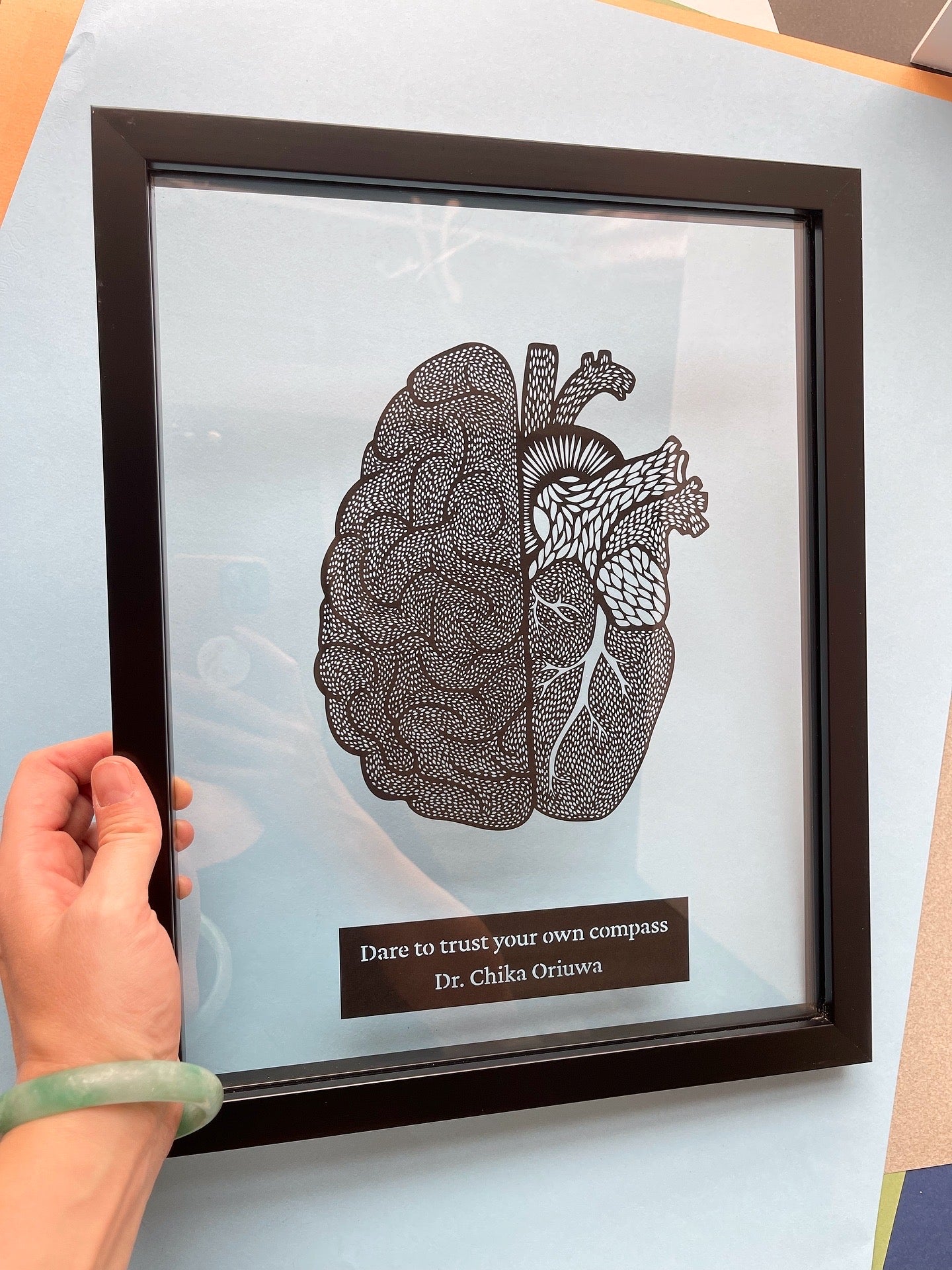 Framed Empathy Quote Anatomical Brain/Heart Papercutting Artwork