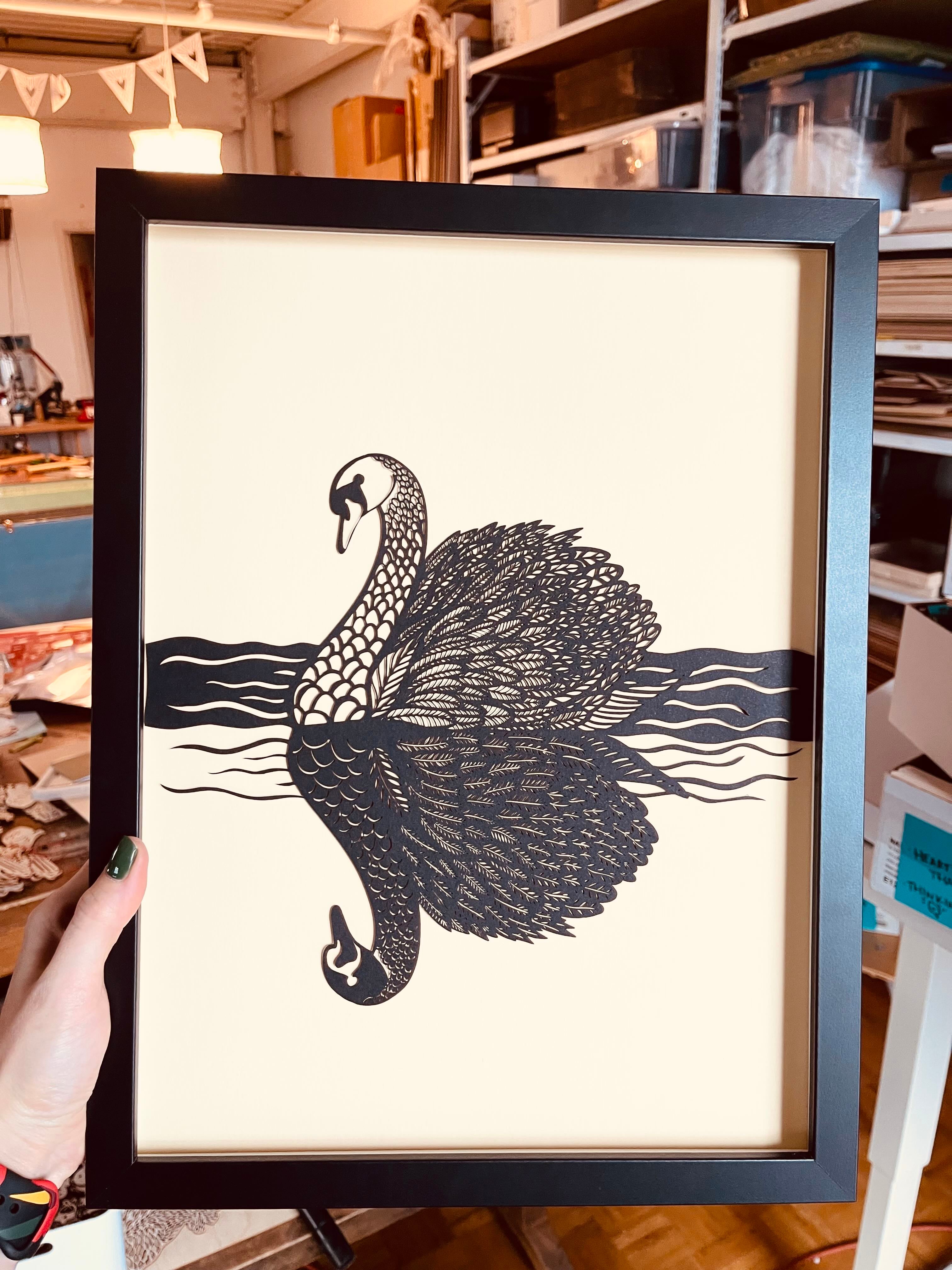 "Reflected" - Black Swan Mounted Papercutting Artwork