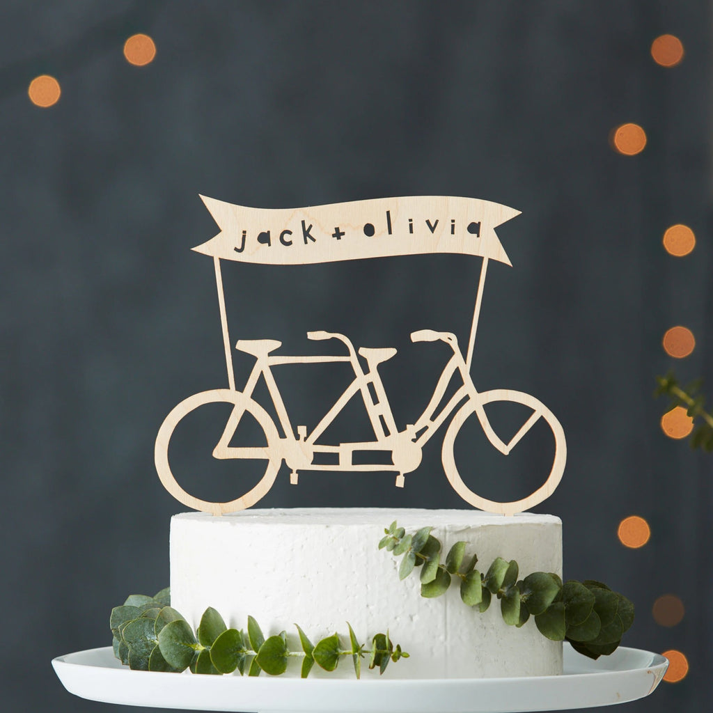 Lasercut Customizable Birch Wood Tandem Bicycle Cake Topper, by Light + Paper, Made in Toronto
