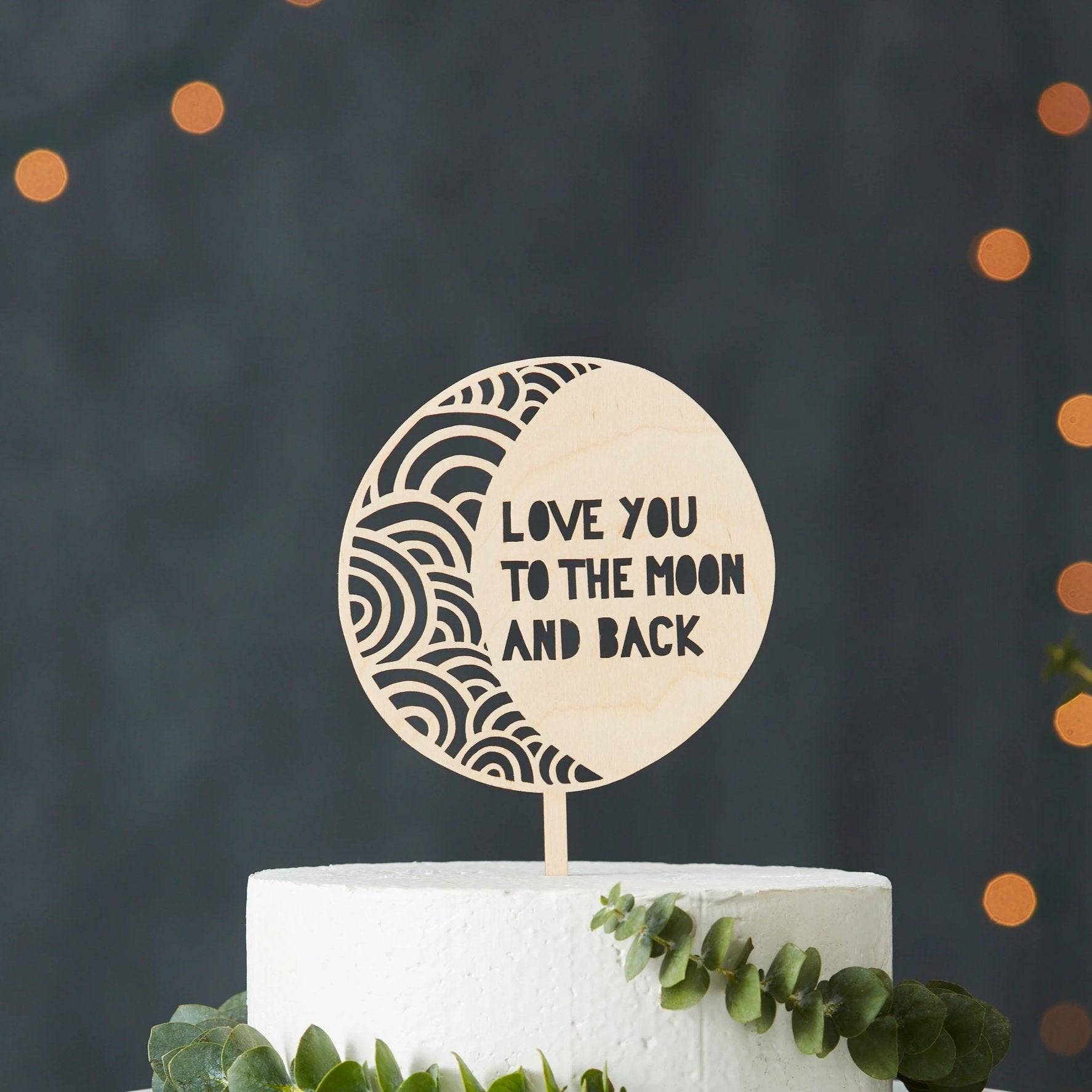 Lasercut Birch Wood Crescent Moon Caket Topper, by Light + Paper, Made in Toronto