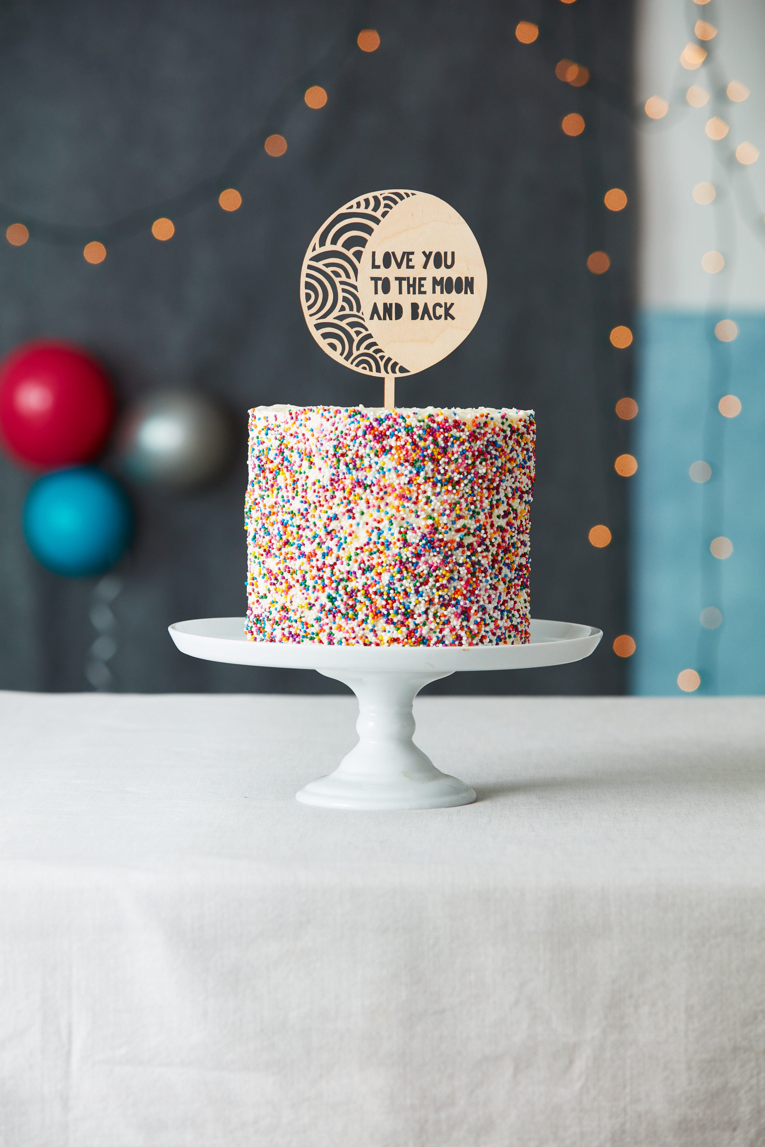 Lasercut Birch Wood Crescent Moon Caket Topper, by Light + Paper, Made in Toronto