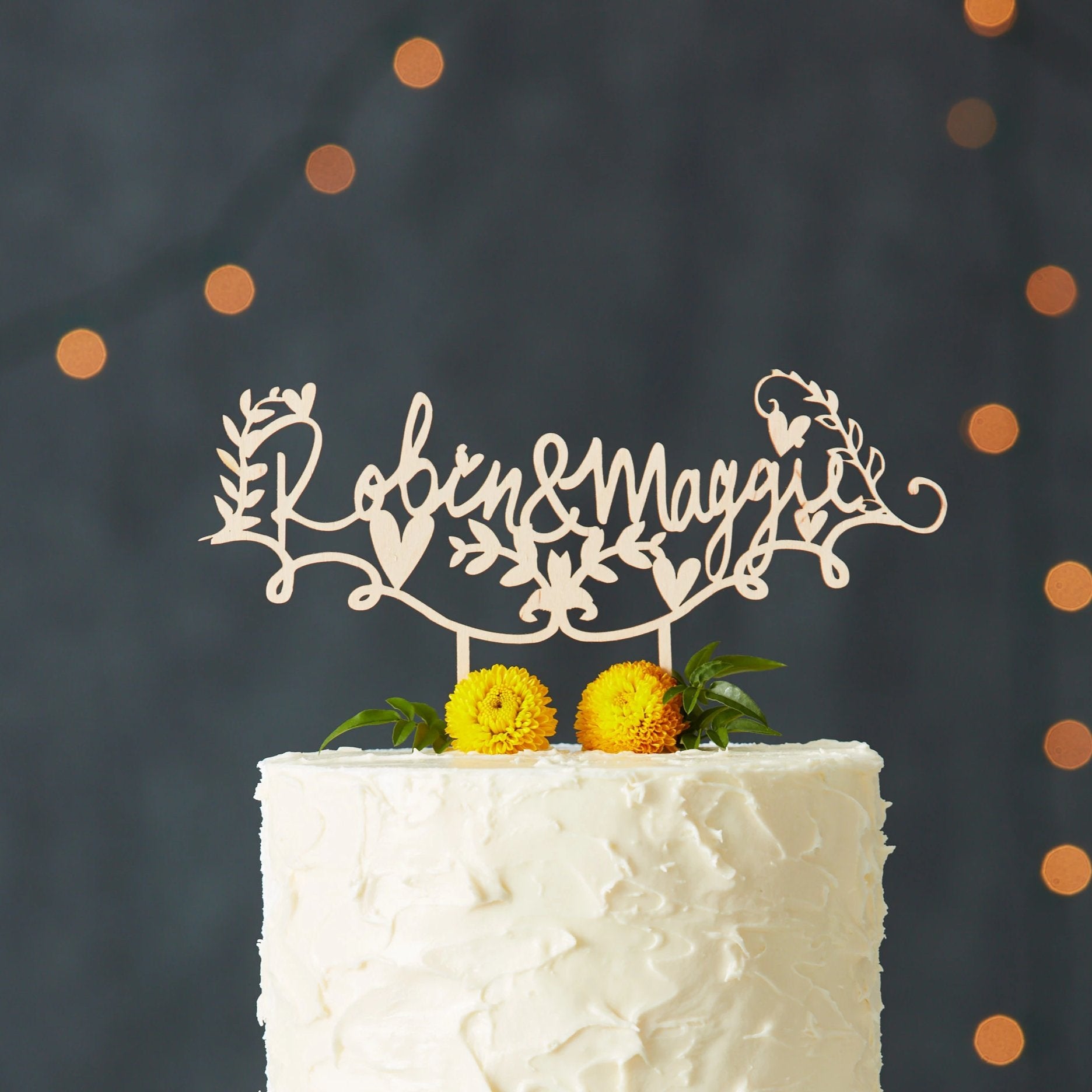 Lasercut Customizable Birch Wood Rustic Floral Names Cake Topper, by Light + Paper, Made in Toronto