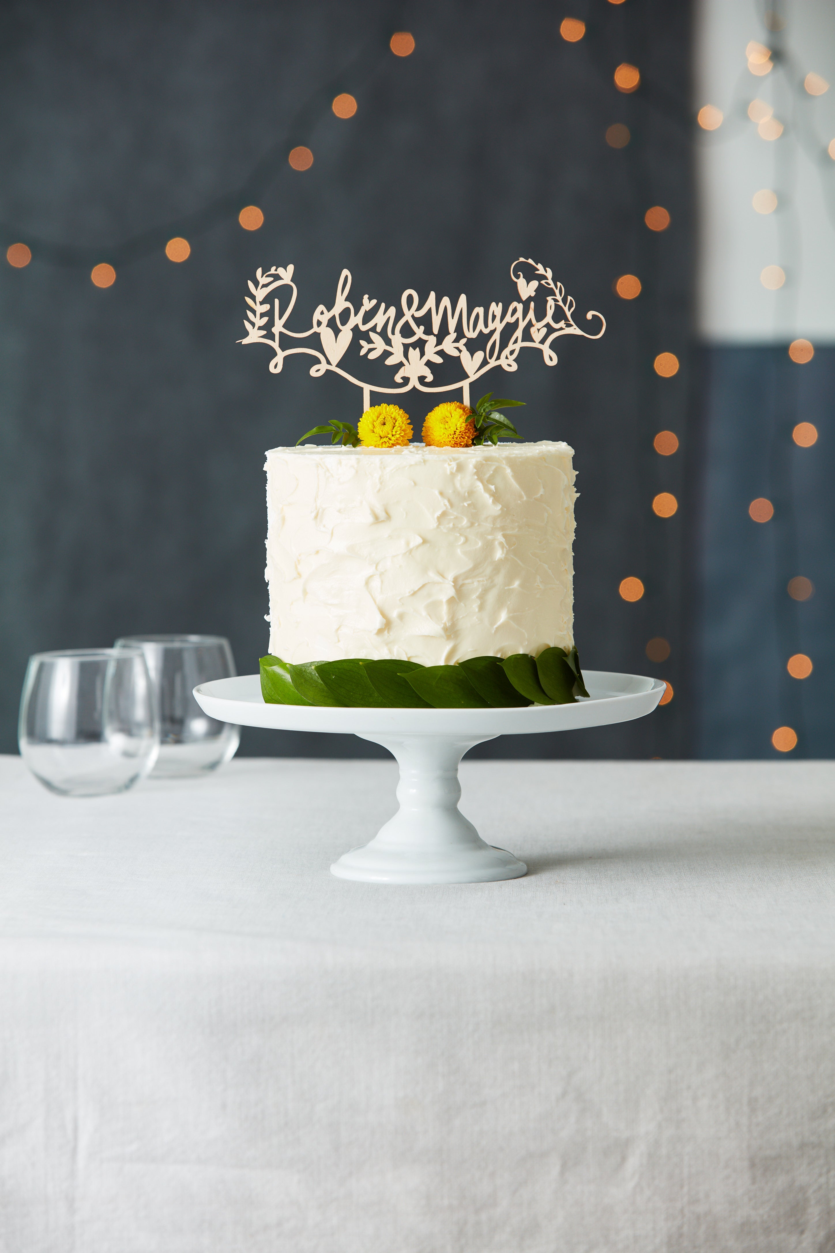 Lasercut Customizable Birch Wood Rustic Floral Names Cake Topper, by Light + Paper, Made in Toronto