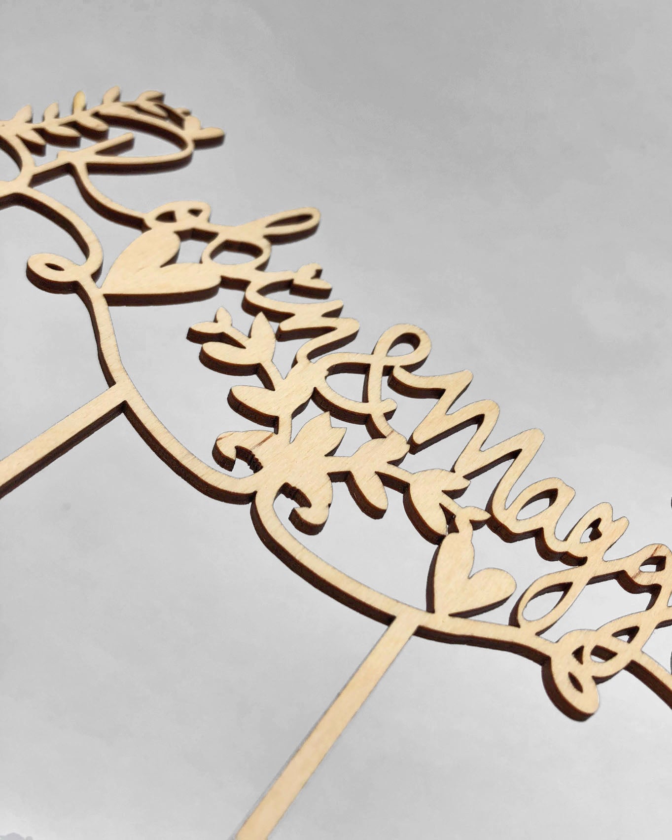Lasercut Customizable Birch Wood Rustic Floral Names Cake Topper, by Light + Paper, Made in Toronto