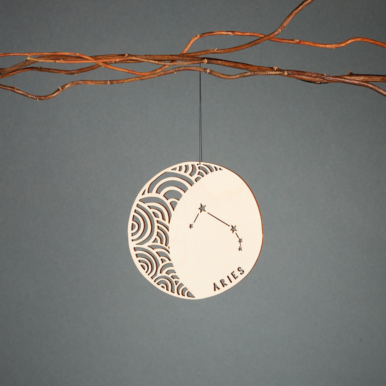 Lasercut Aries Astrology Birch Wood Ornament, by Light + Paper, Made in Toronto