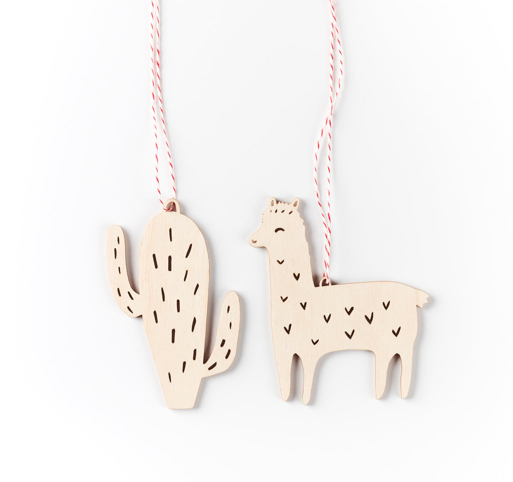 Lasercut Birch Wood Cactus and Llama Ornaments, by Light + Paper, Made in Toronto