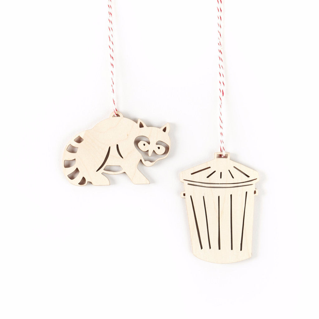 Raccoon and Trash Ornaments- Lasercut Birch (set of 2)
