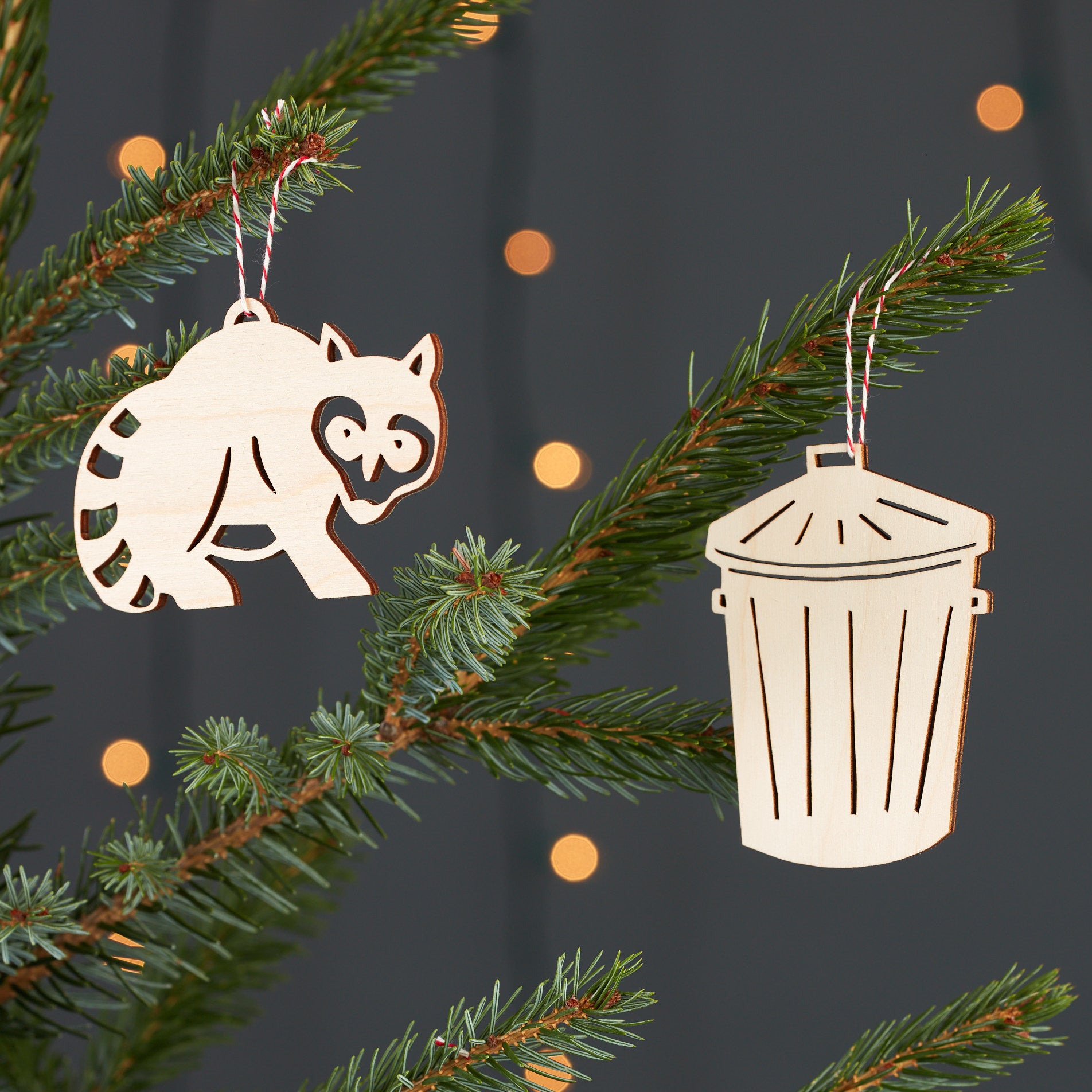 Raccoon and Trash Ornaments- Lasercut Birch (set of 2)