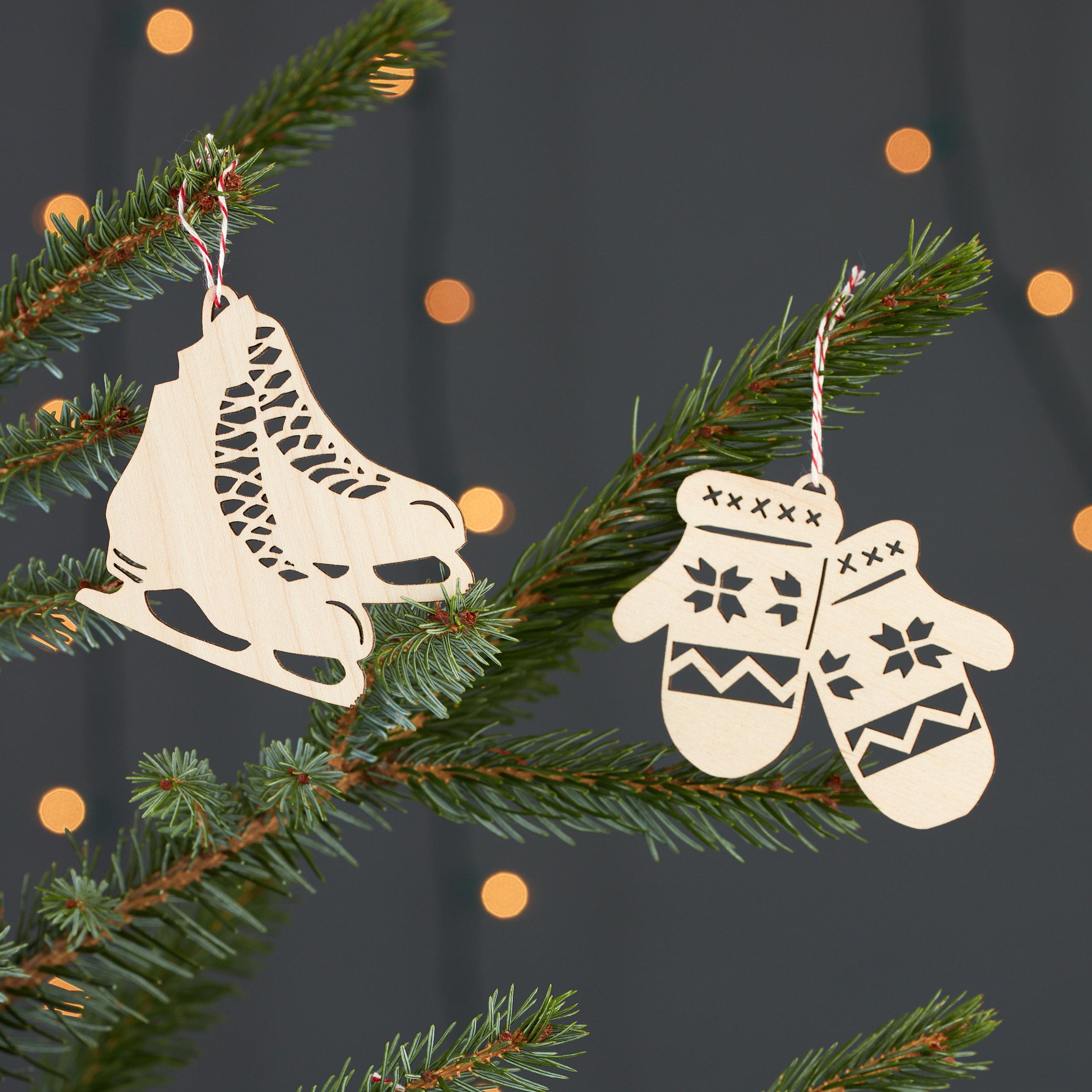 Skate and Mitten Ornaments- Lasercut Birch (set of 2)