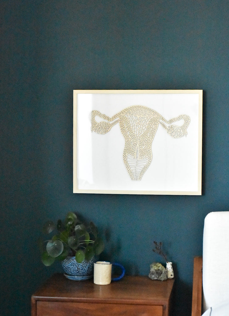 Lasercut Birch Wood Uterus and Ovaries Artwork, by Light + Paper, Made in Toronto