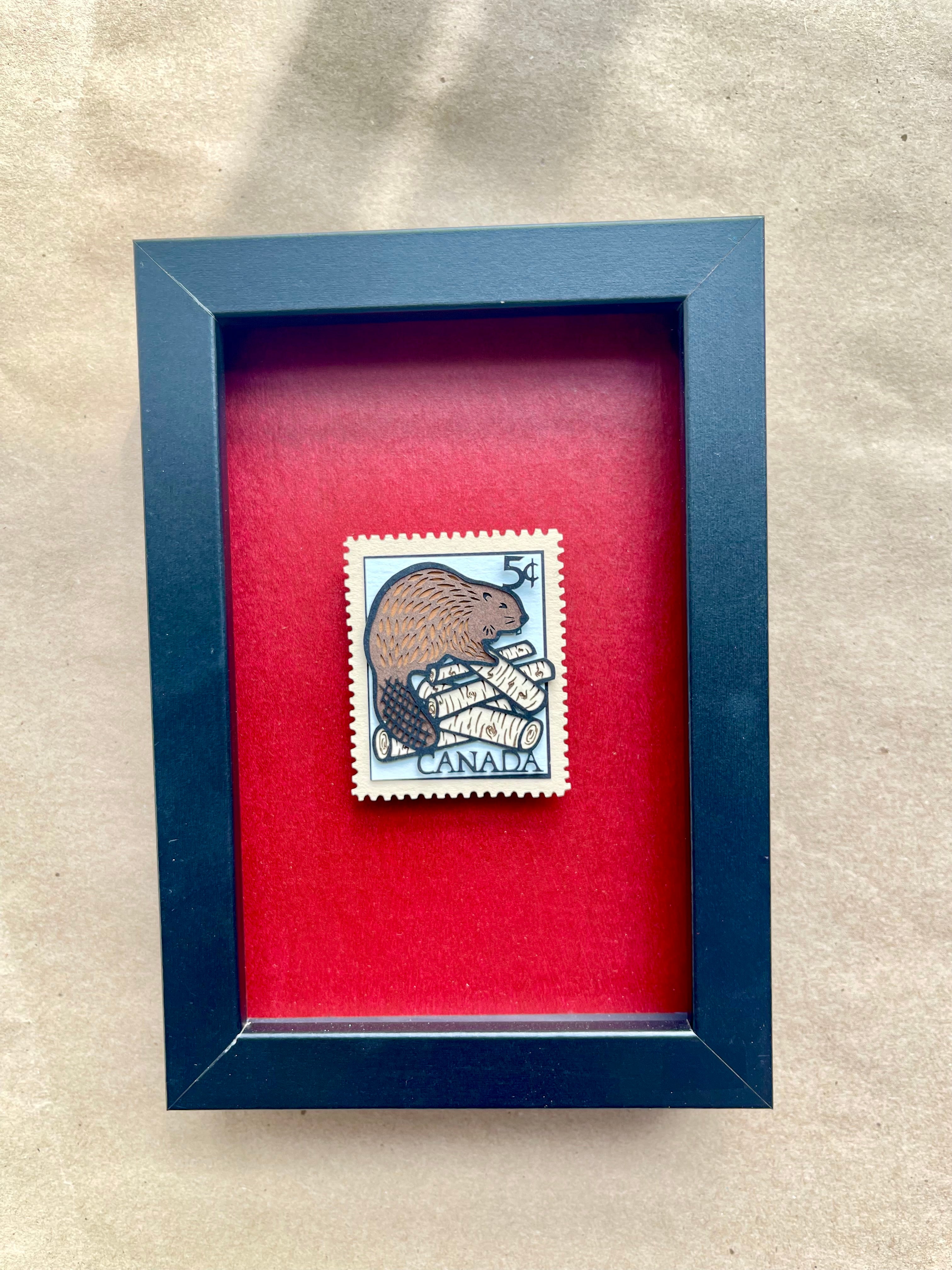 Mini Canadiana Maple Leaf Beaver Stamp Framed Papercutting