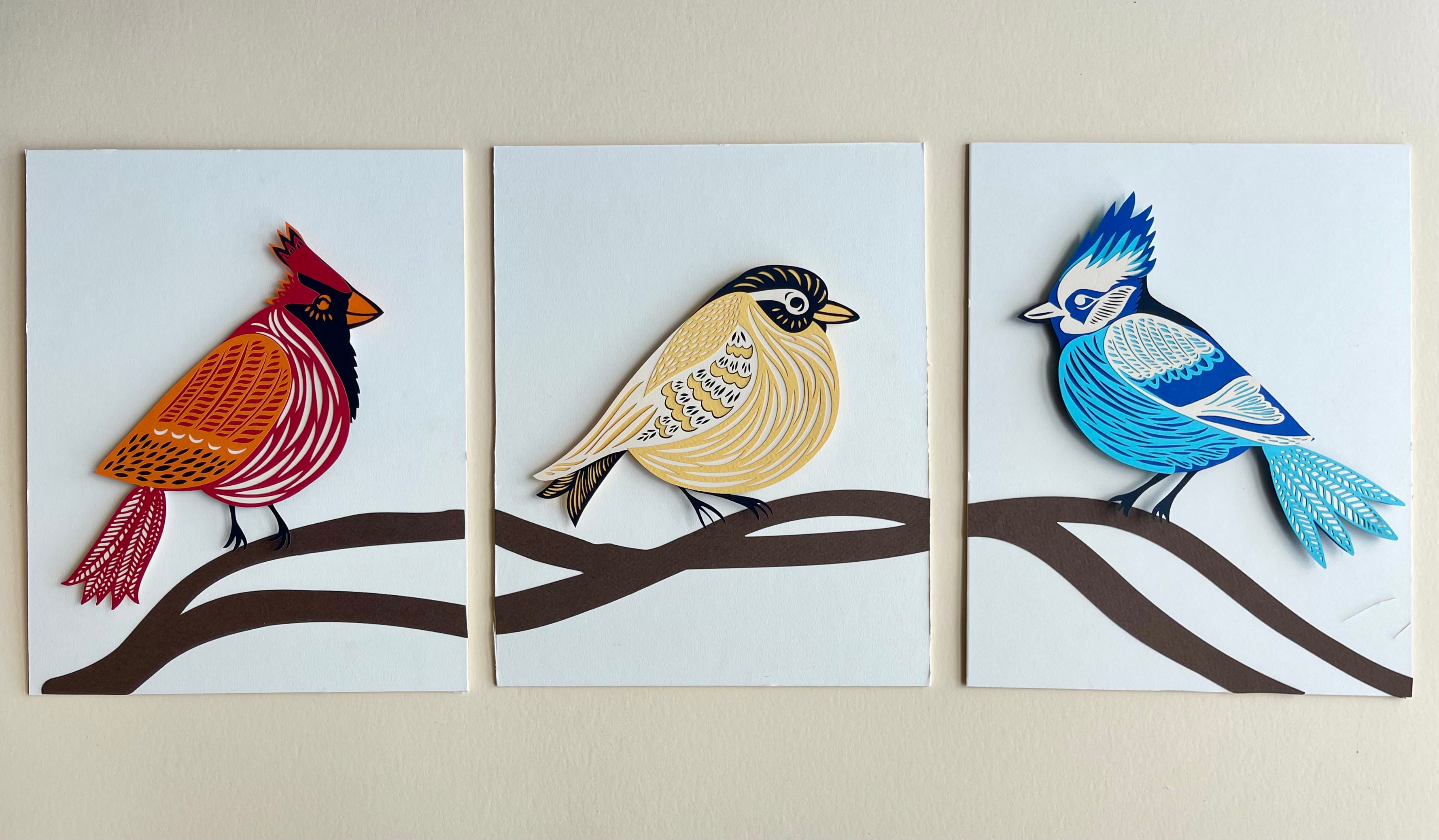 Colourful Bird Blue Jay, Cardinal, Goldfinch Mounted Papercutting