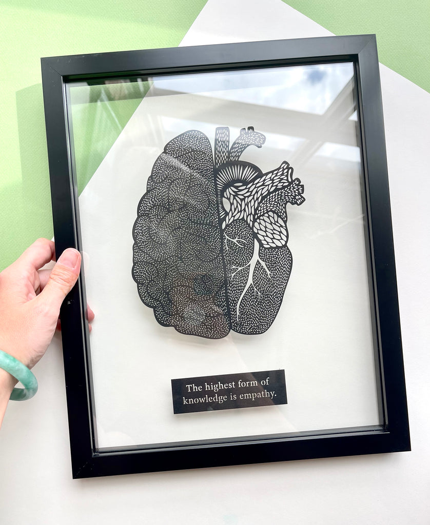 Framed Empathy Quote Anatomical Brain/Heart Papercutting Artwork