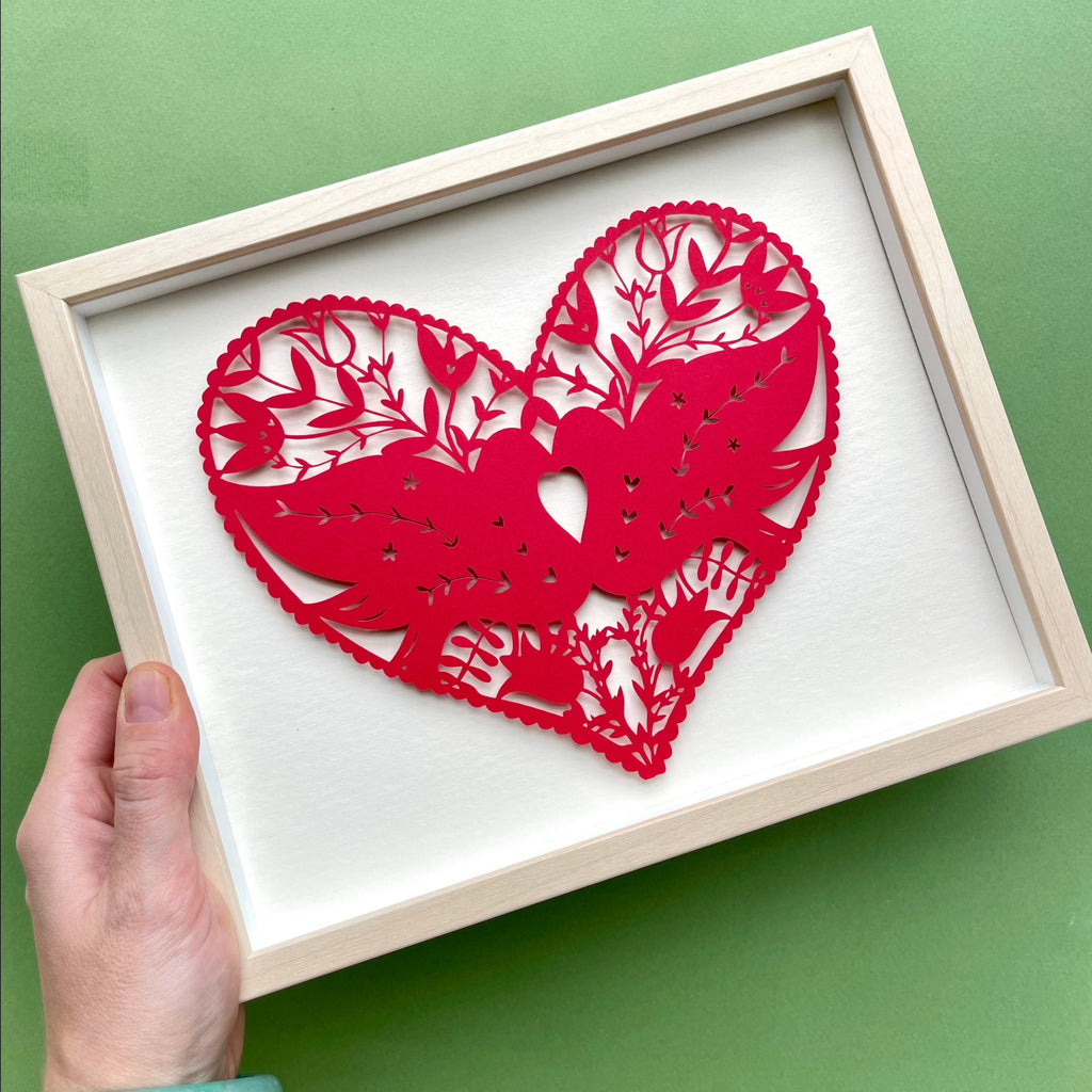 framed red folk style heart papercutting