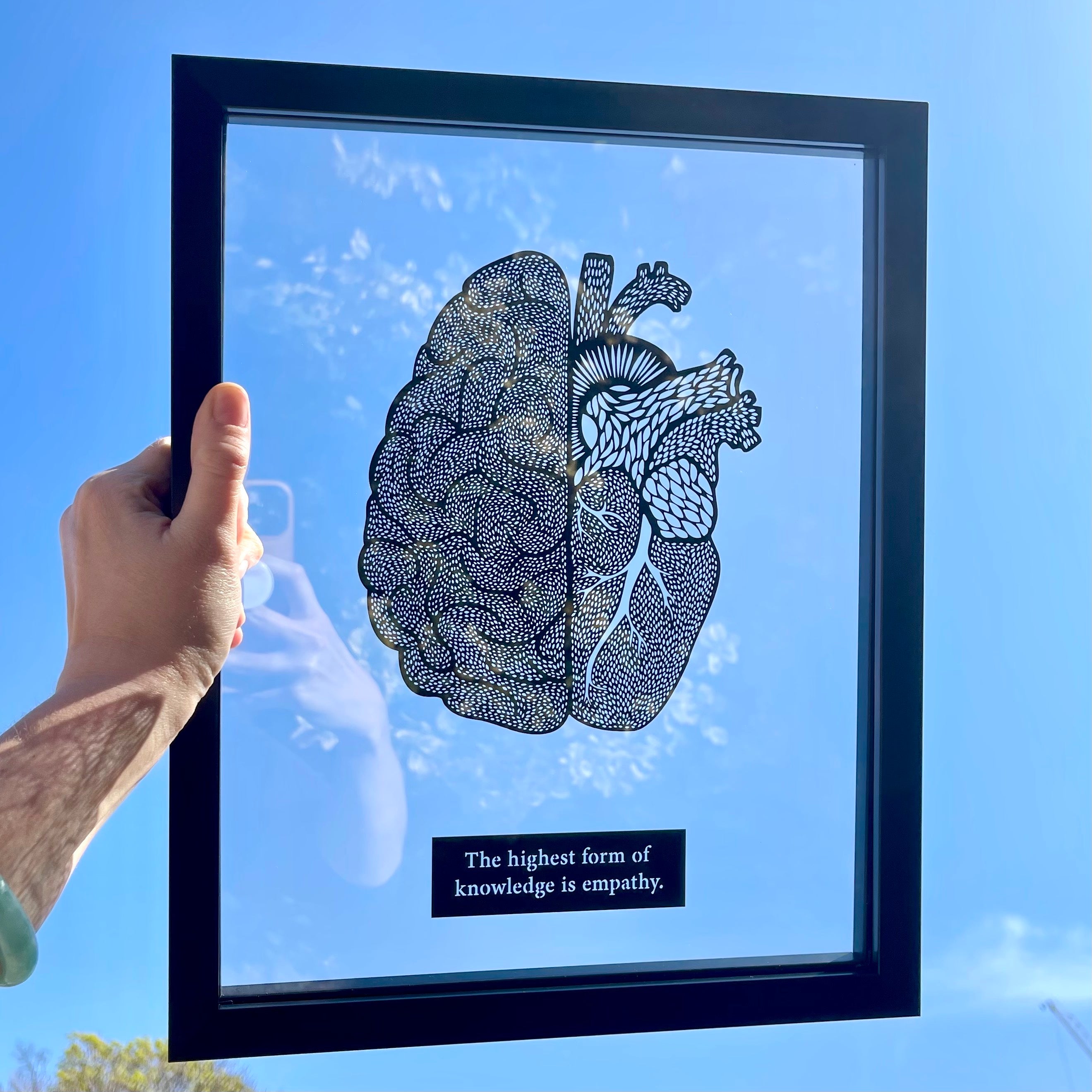 Framed Empathy Quote Anatomical Brain/Heart Papercutting Artwork