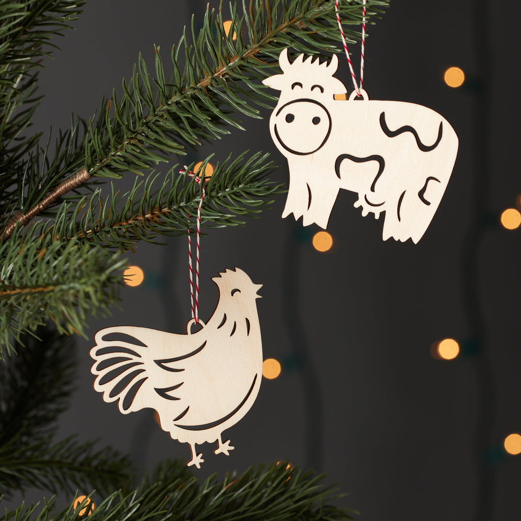 Cow and Chicken Ornaments