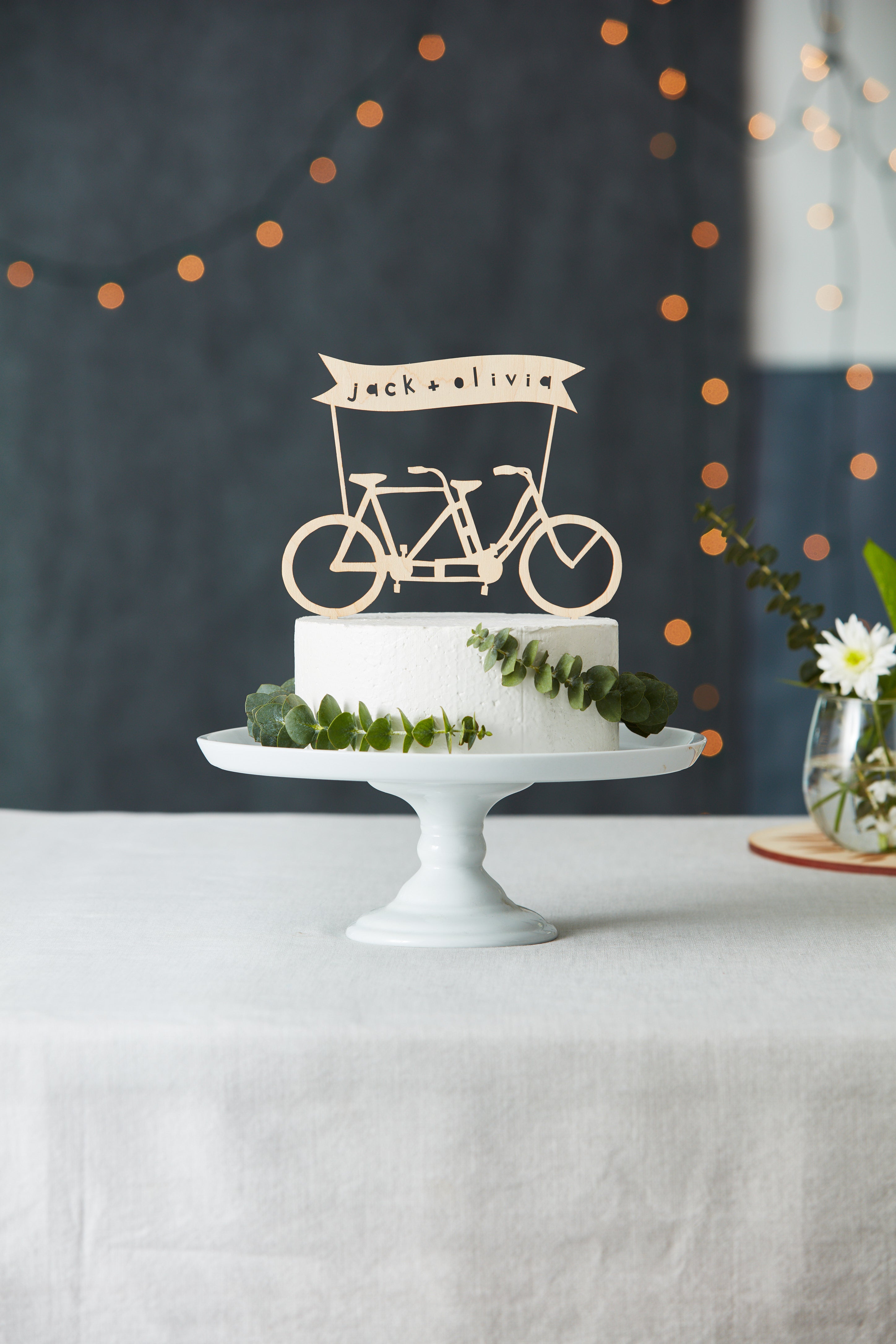 Lasercut Customizable Birch Wood Tandem Bicycle Cake Topper, by Light + Paper, Made in Toronto