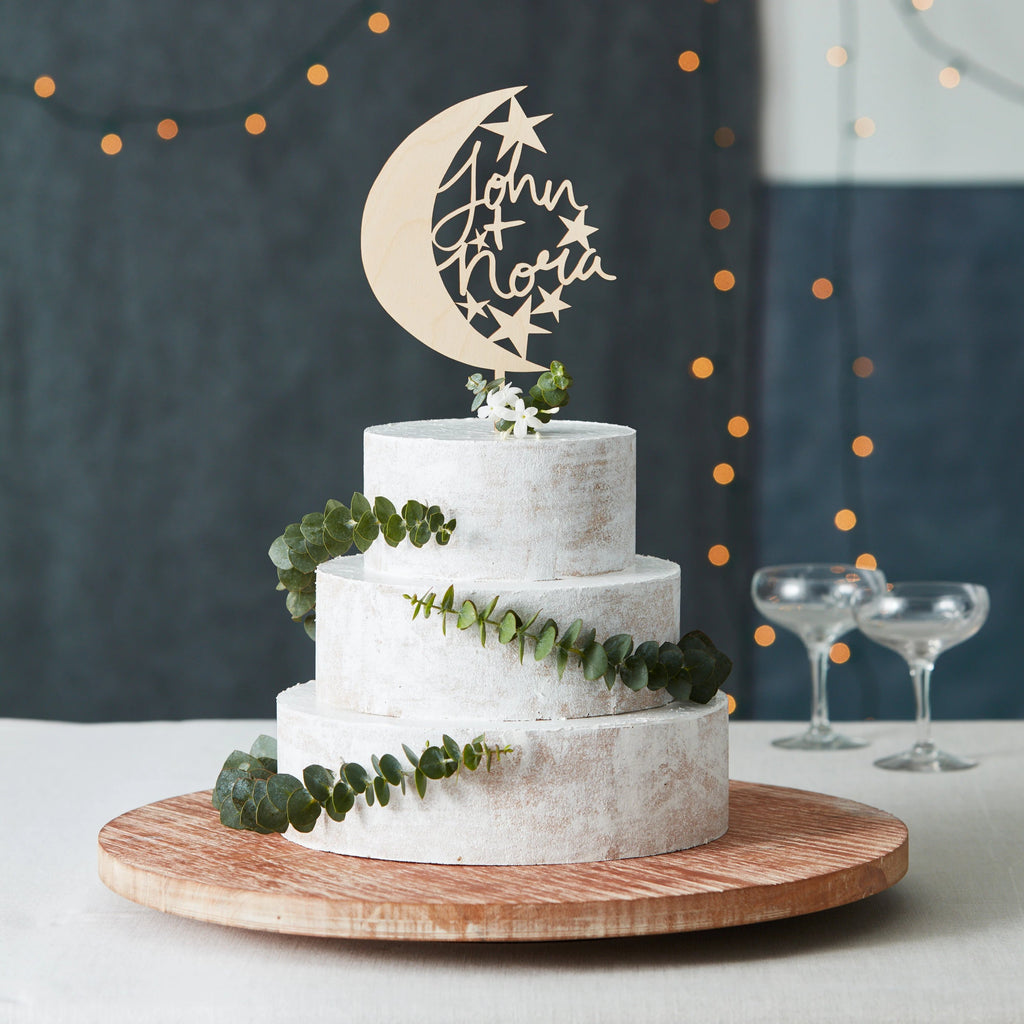 Lasercut Customizable Birch Wood Moon and Stars Cake Topper, by Light + Paper, Made in Toronto