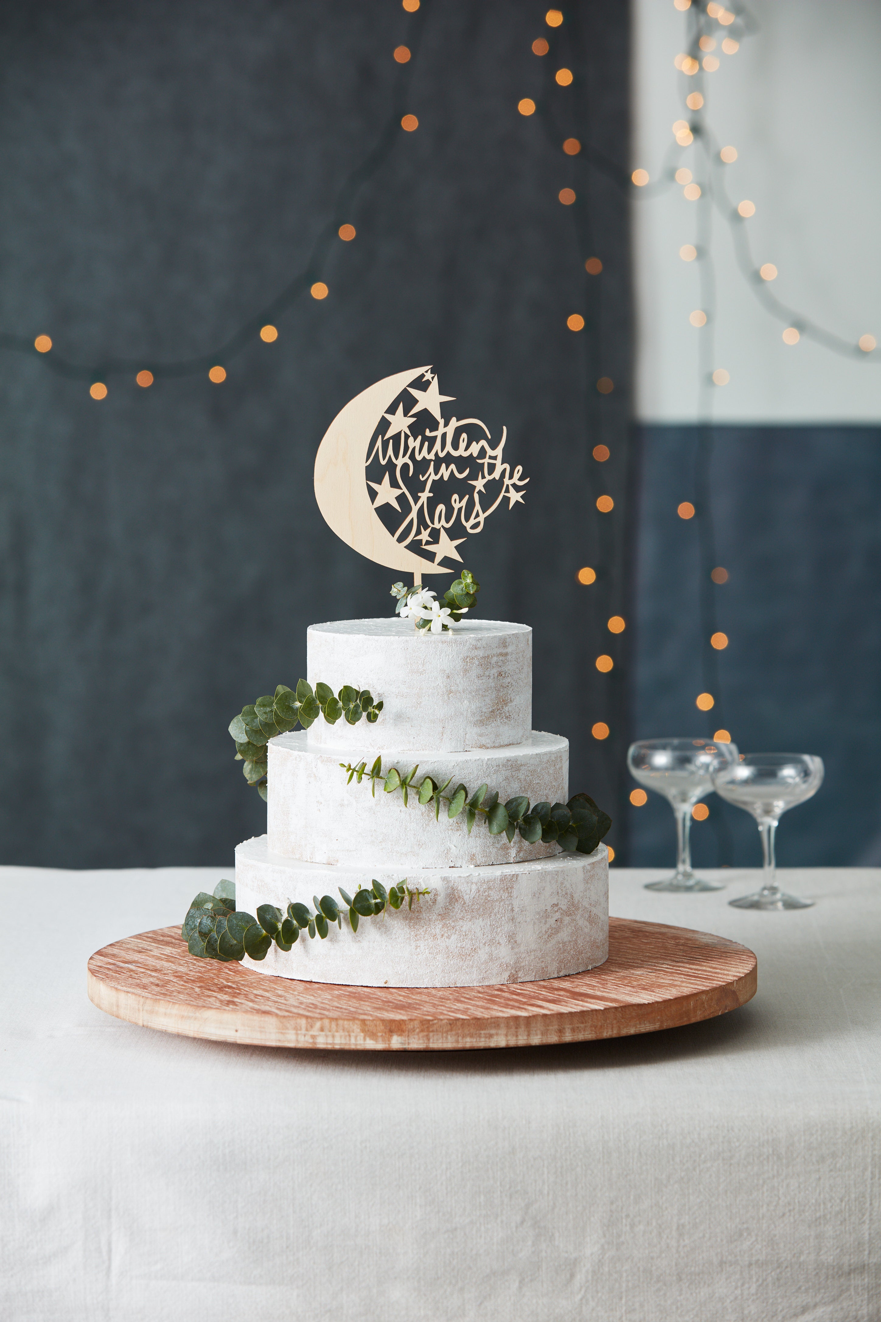 Lasercut Customizable Birch Wood Moon and Stars Cake Topper, by Light + Paper, Made in Toronto