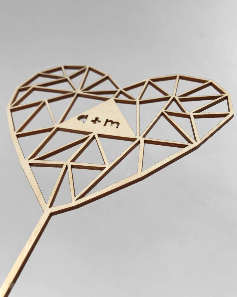 Lasercut Customizable Birch Wood Geometric Heart Cake Topper, by Light + Paper, Made in Toronto