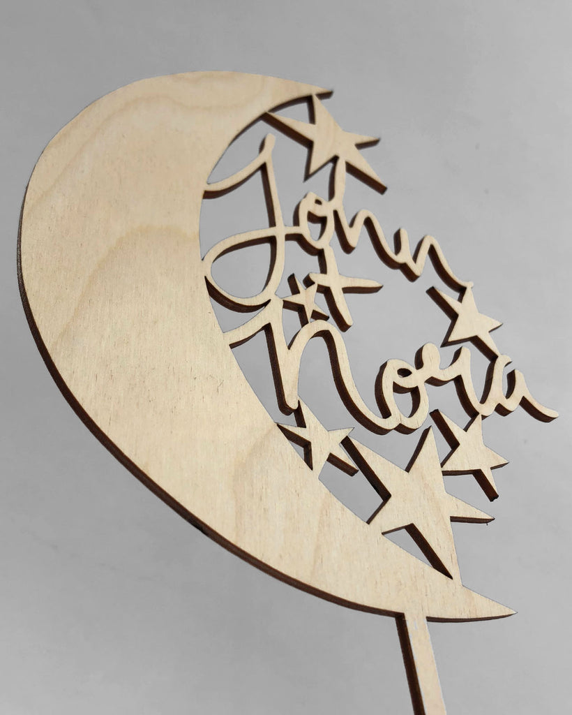 Lasercut Customizable Birch Wood Moon and Stars Cake Topper, by Light + Paper, Made in Toronto