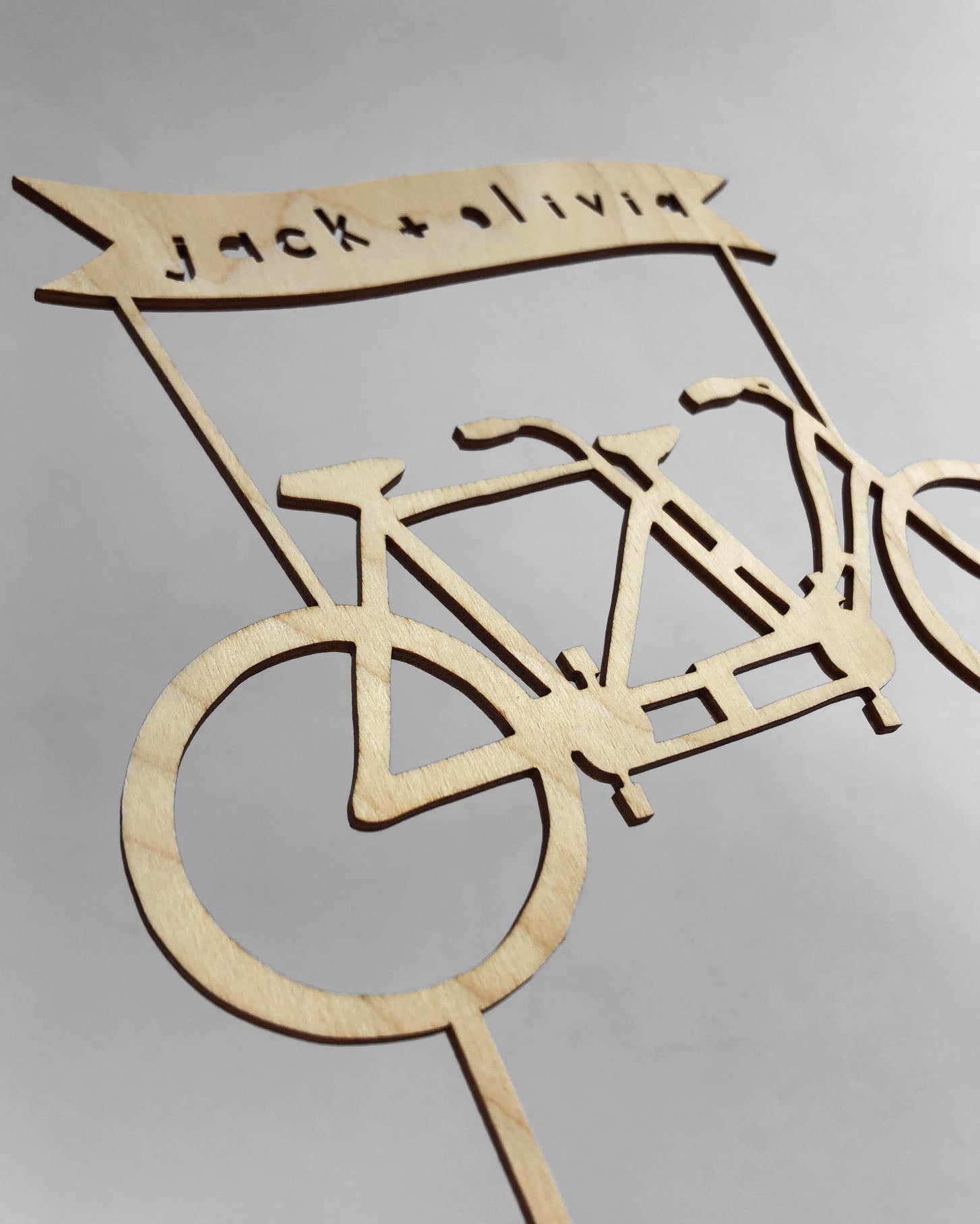 Lasercut Customizable Birch Wood Tandem Bicycle Cake Topper, by Light + Paper, Made in Toronto