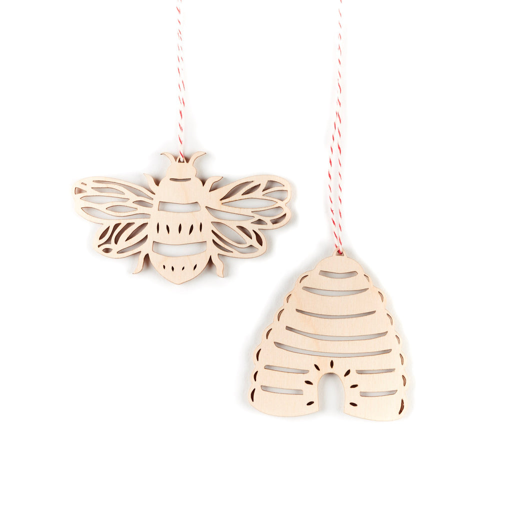 Lasercut Birch Wood Bee and Hive Ornaments, by Light + Paper, Made in Toronto