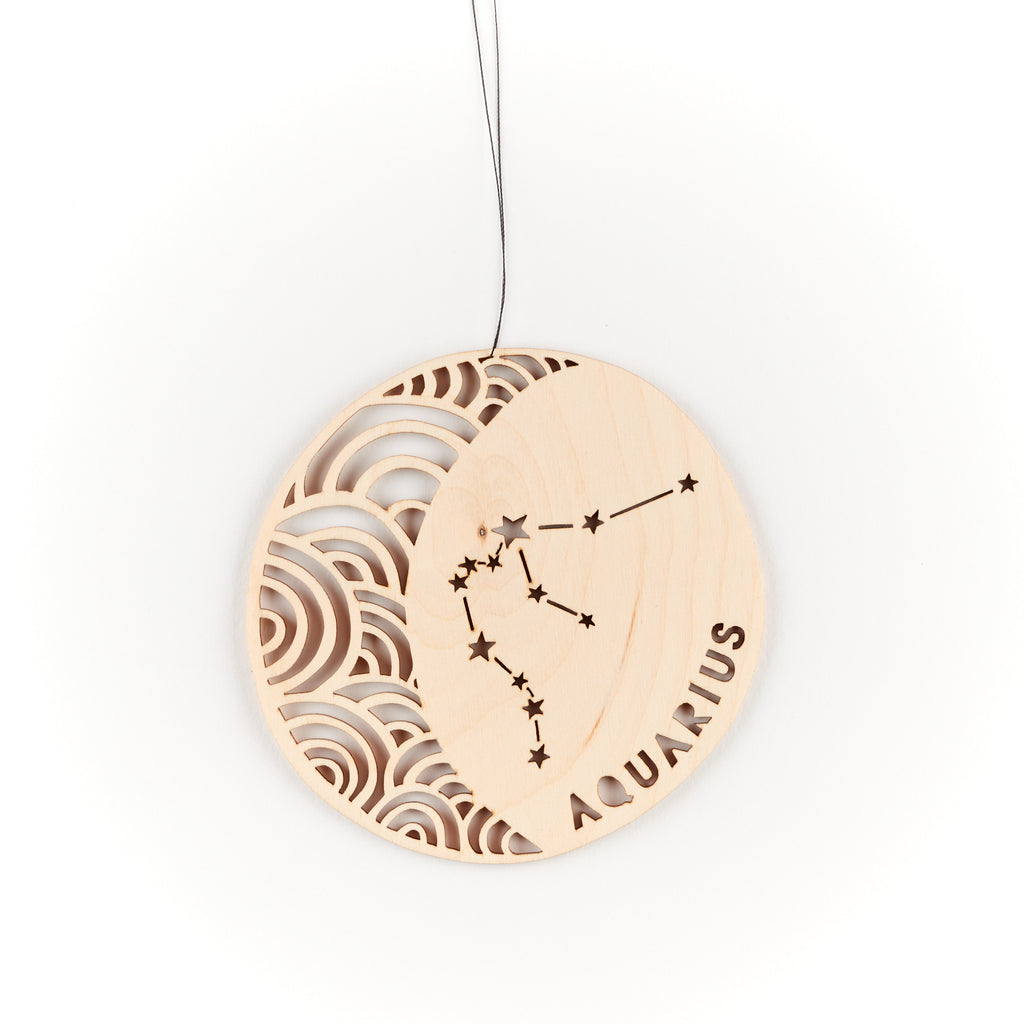 Lasercut Aquarius Astrology Birch Wood Ornament, by Light + Paper, Made in Toronto