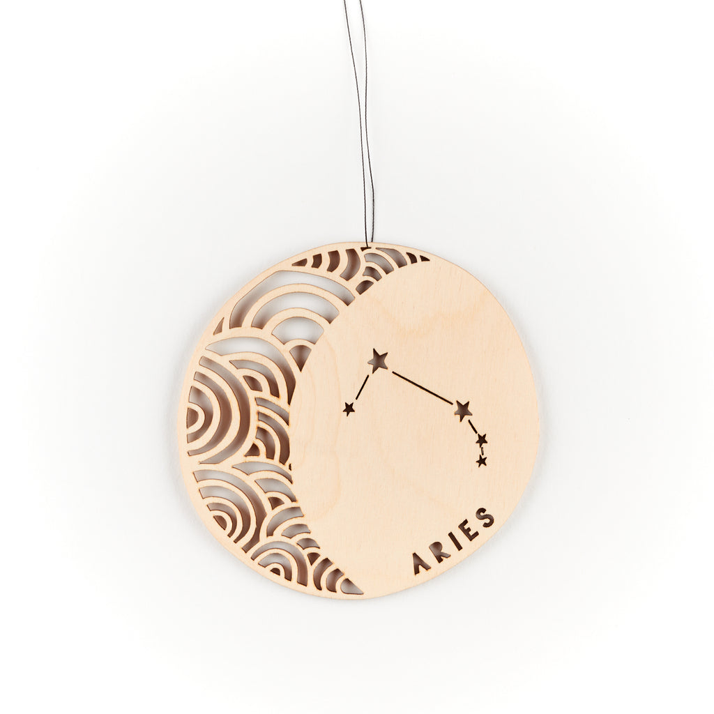 Lasercut Aries Astrology Birch Wood Ornament, by Light + Paper, Made in Toronto