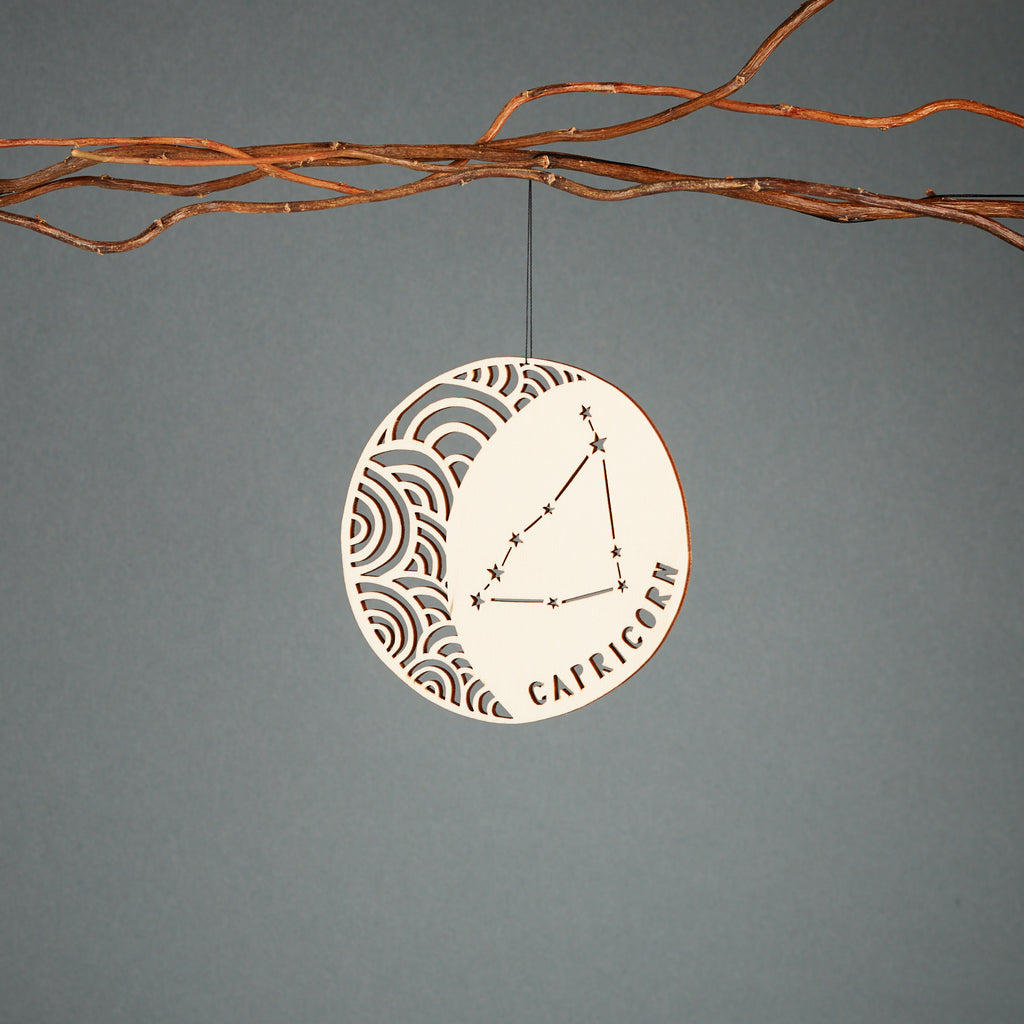 Lasercut Birch Wood Capricorn Astrology Ornament, by Light + Paper, Made in Toronto