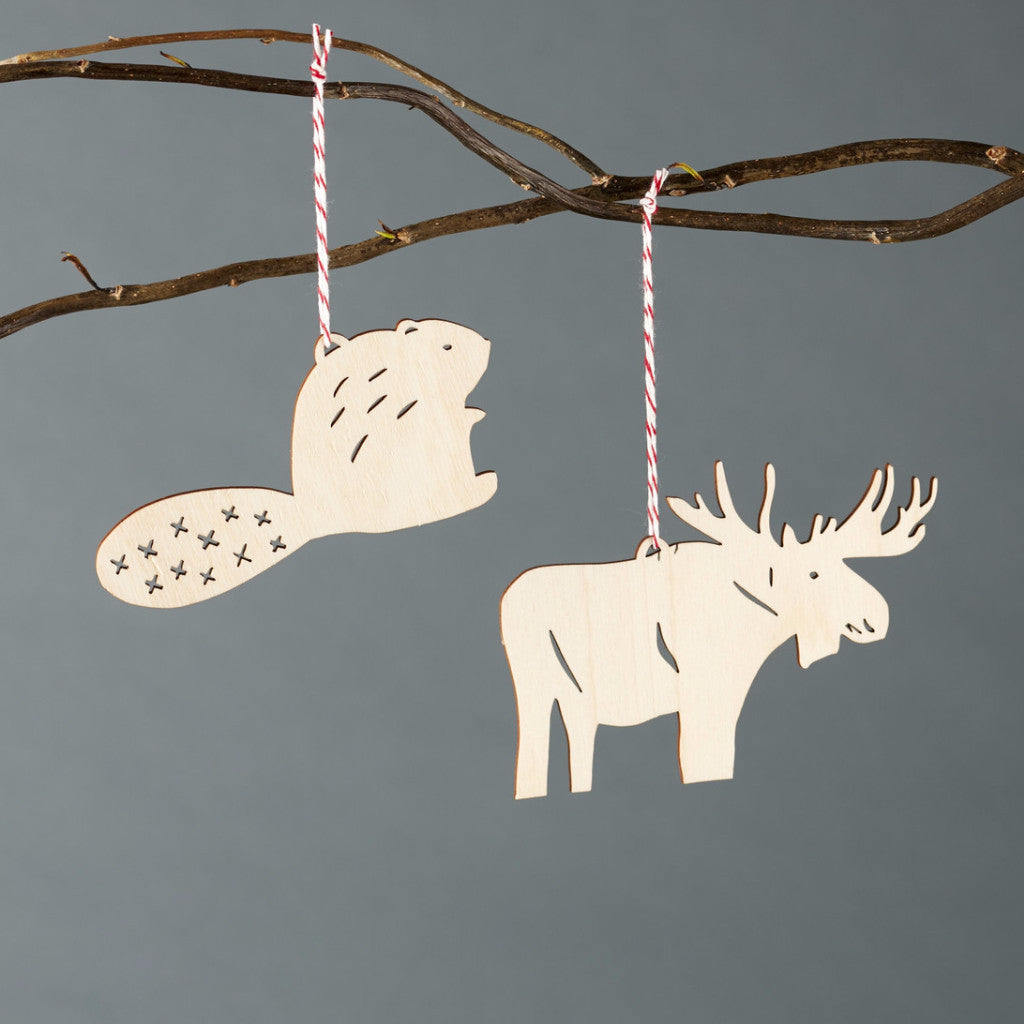 Lasercut Birch Wood Beaver and Moose Ornaments, by Light + Paper, Made in Toronto