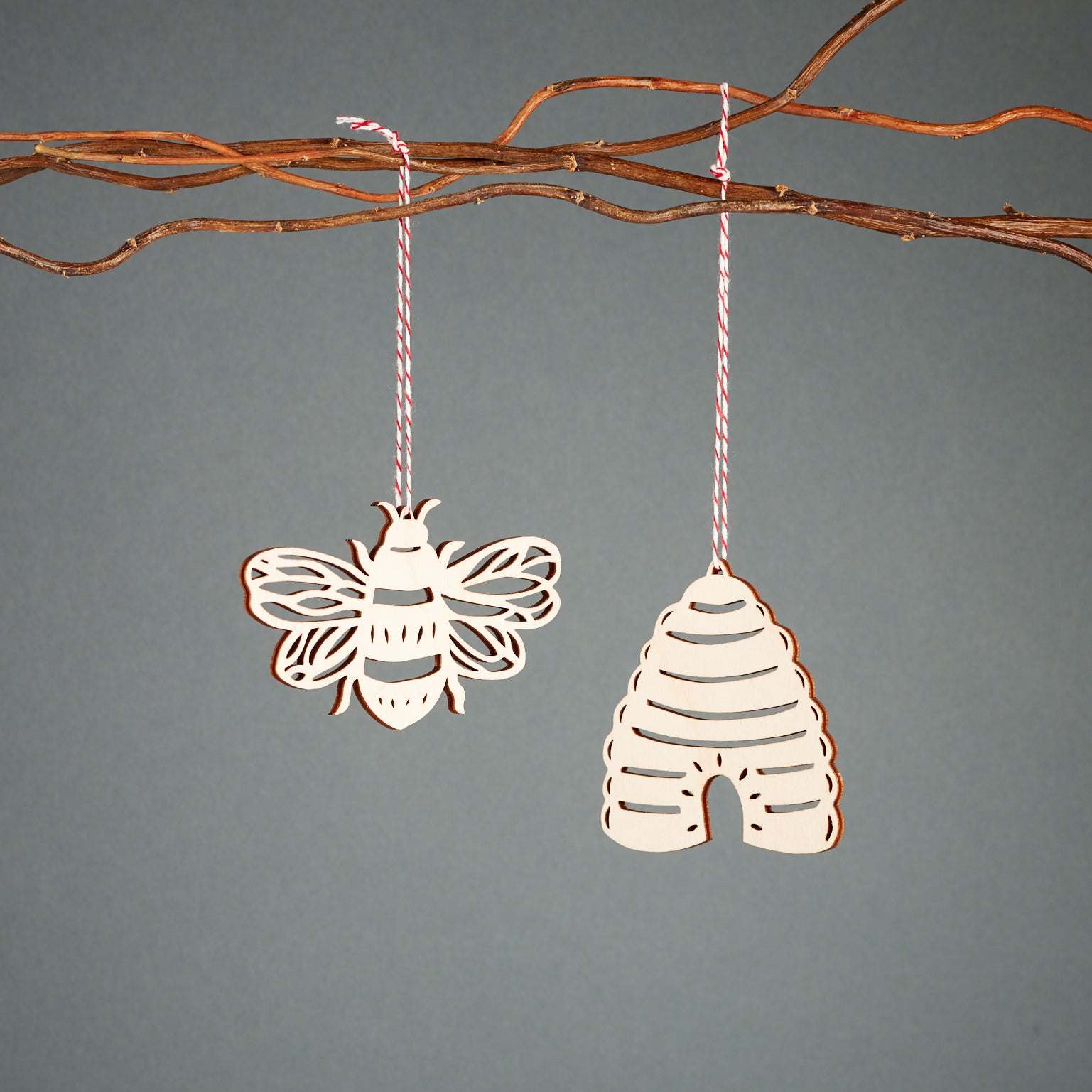 Lasercut Birch Wood Bee and Hive Ornaments, by Light + Paper, Made in Toronto