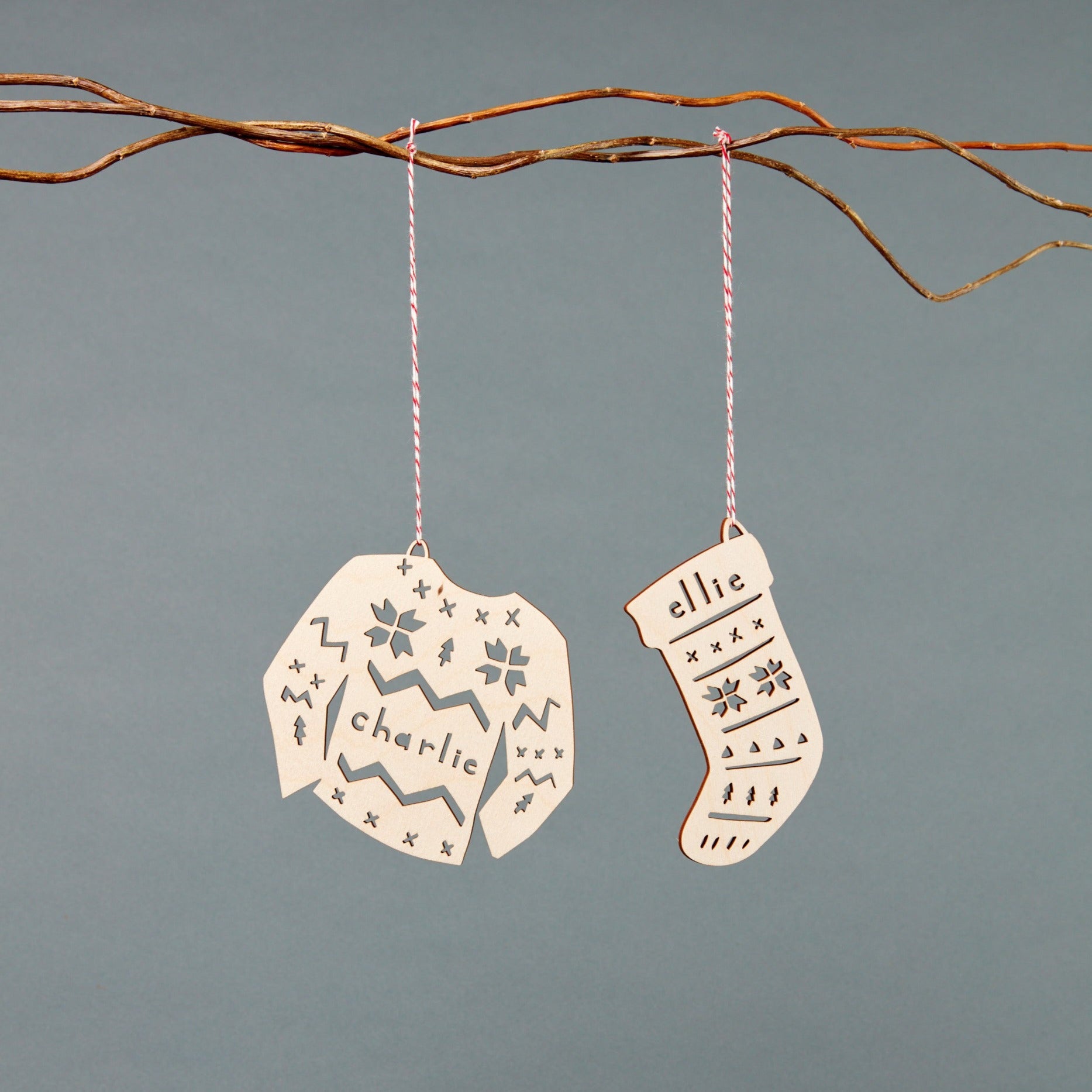 Lasercut Customizable Birch Wood Stocking Ornament, by Light + Paper, Made in Toronto