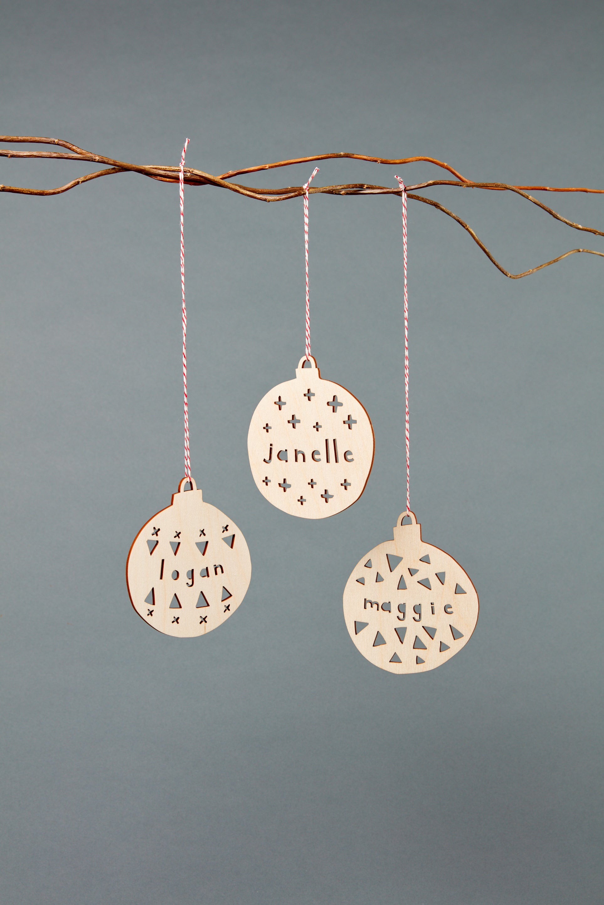 Lasercut Customizable Birch Wood Ball Ornaments, by Light + Paper, Made in Toronto