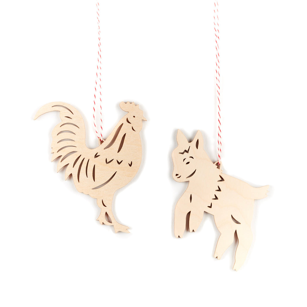 Goat and Rooster Farm Ornaments (set of 2)