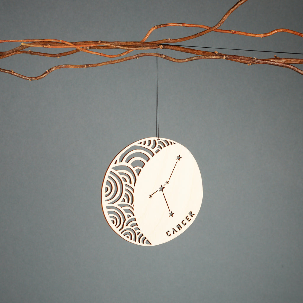 Lasercut Birch Wood Cancer Astrology Ornament, by Light + Paper, Made in Toronto