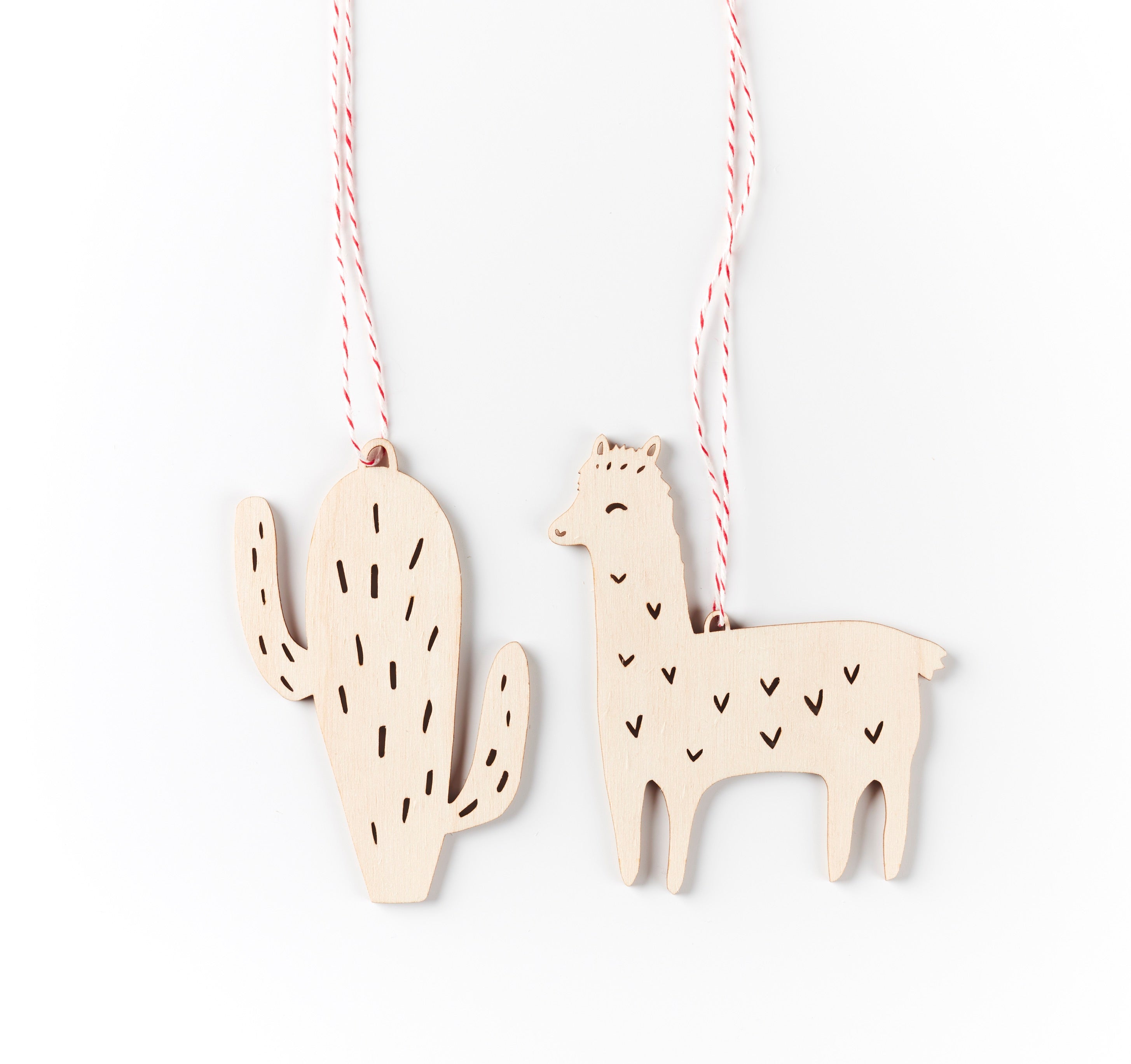 Lasercut Birch Wood Cactus and Llama Ornaments, by Light + Paper, Made in Toronto