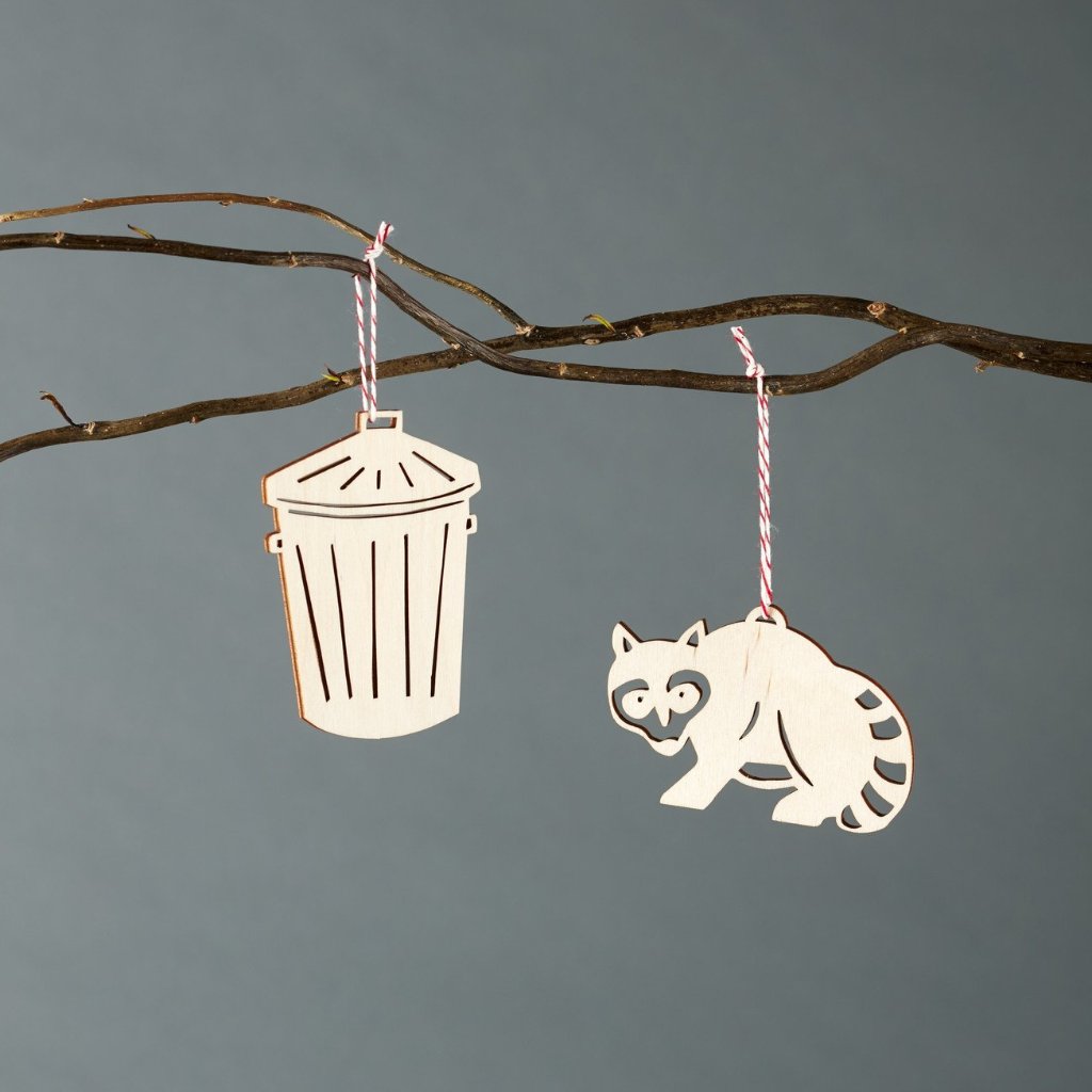 Raccoon and Trash Ornaments- Lasercut Birch (set of 2)