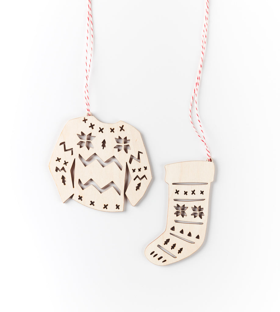 Lasercut Birch Wood Sweater and Stocking Ornaments, by Light + Paper, Made in Toronto
