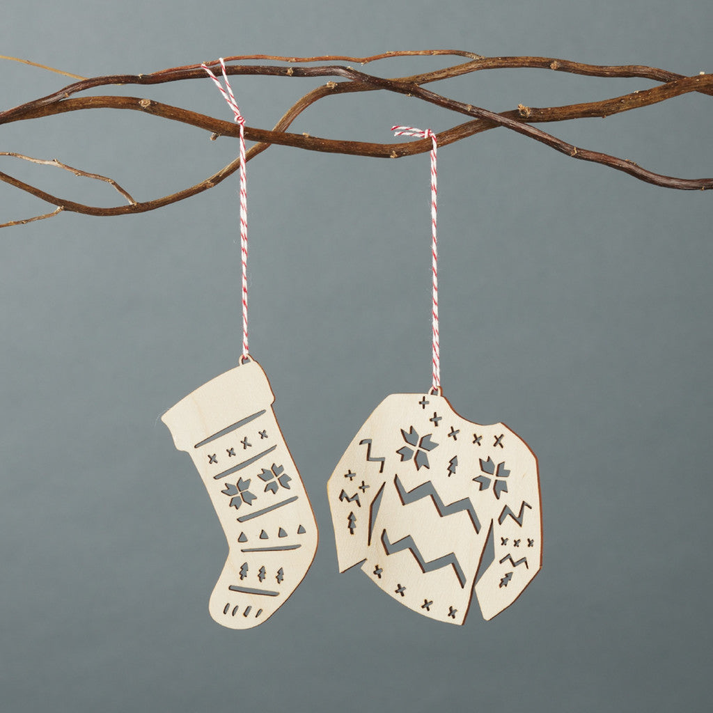 Lasercut Birch Wood Sweater and Stocking Ornaments, by Light + Paper, Made in Toronto