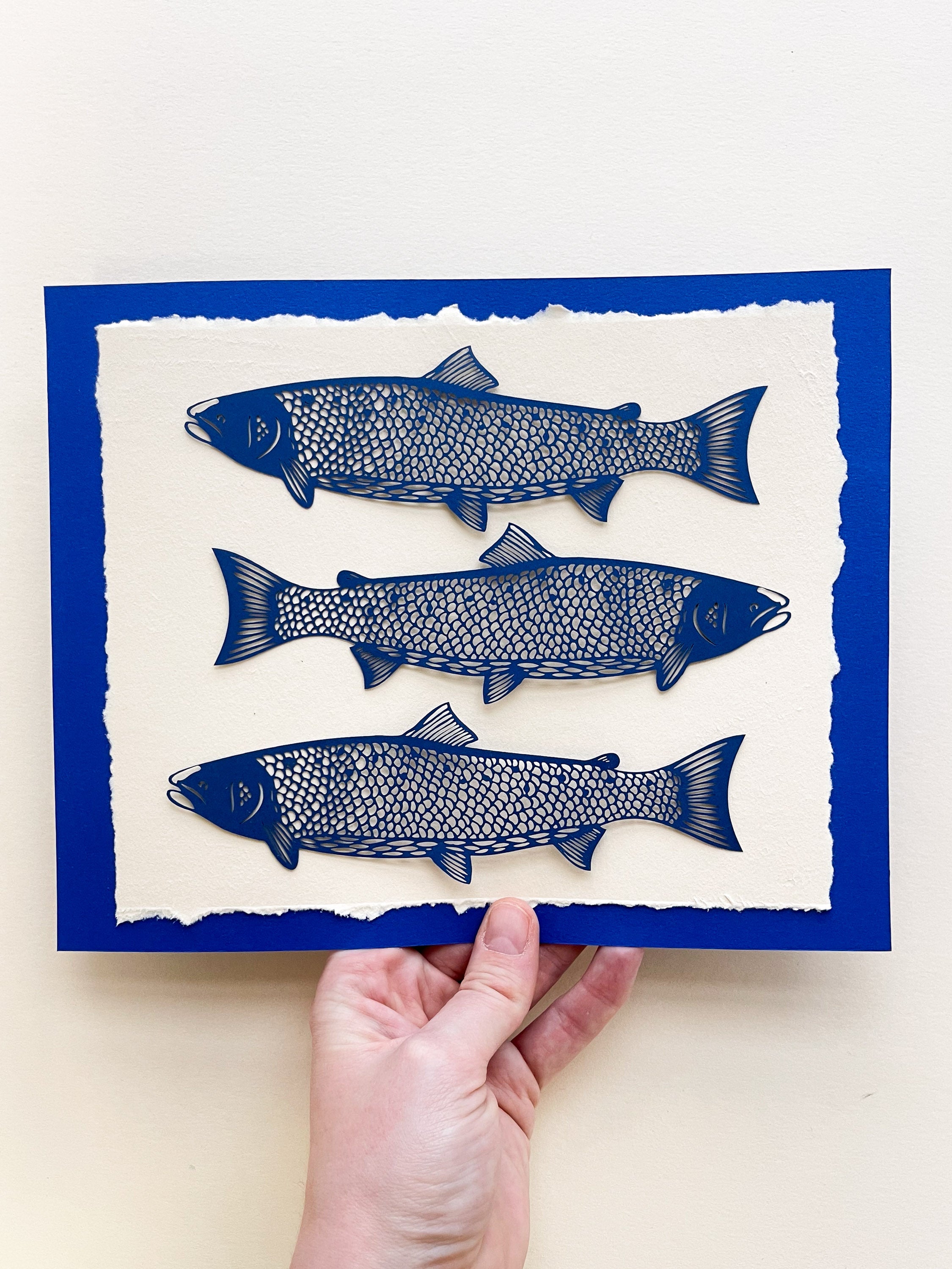 Three Atlantic Salmon Fish Mounted Papercutting