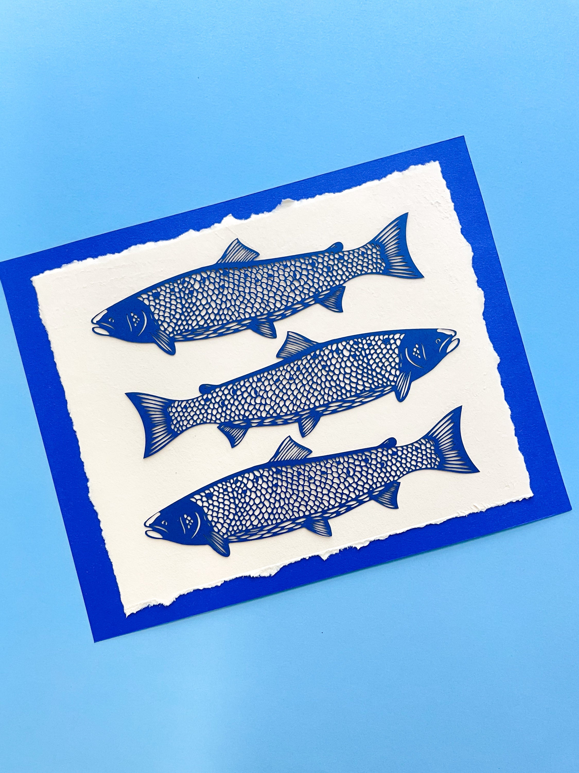 Three Atlantic Salmon Fish Mounted Papercutting