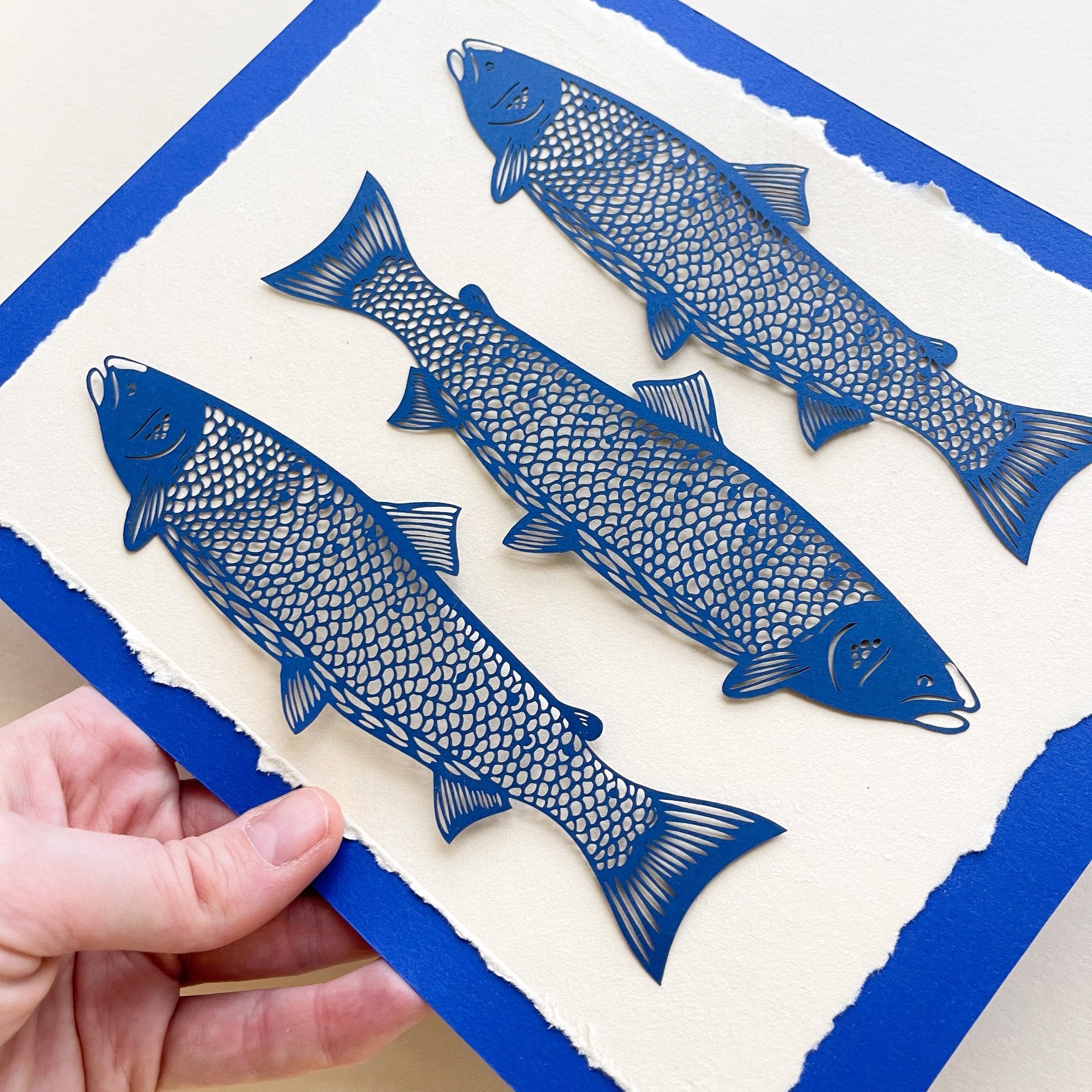 Three Atlantic Salmon Fish Mounted Papercutting