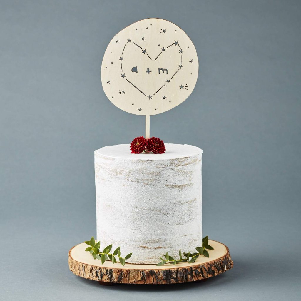 Lasercut Customizable Birch Wood Constellation Heart Cake Topper, by Light + Paper, Made in Toronto