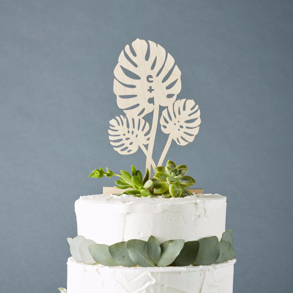 Lasercut Customizable Birch Wood Monstera Leaves Cake Topper, by Light + Paper, Made in Toronto