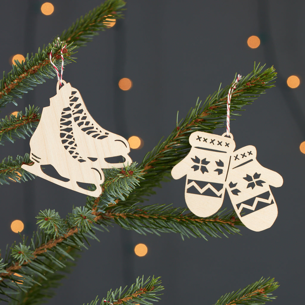 Skate and Mitten Ornaments- Lasercut Birch (set of 2)