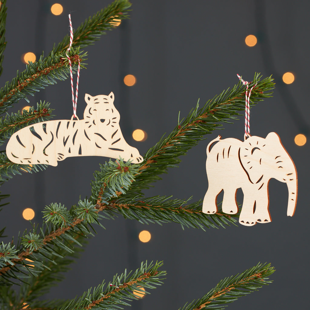 Tiger and Elephant Ornaments (set of 2)
