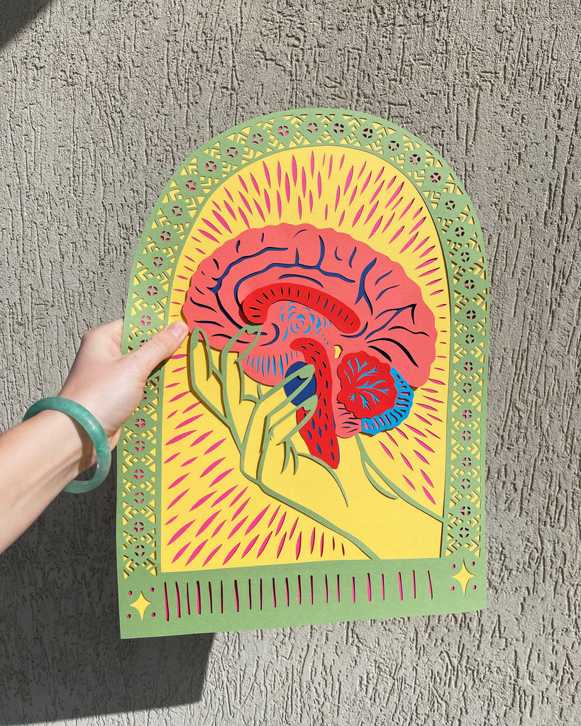 Colourful Held Brain Papercutting